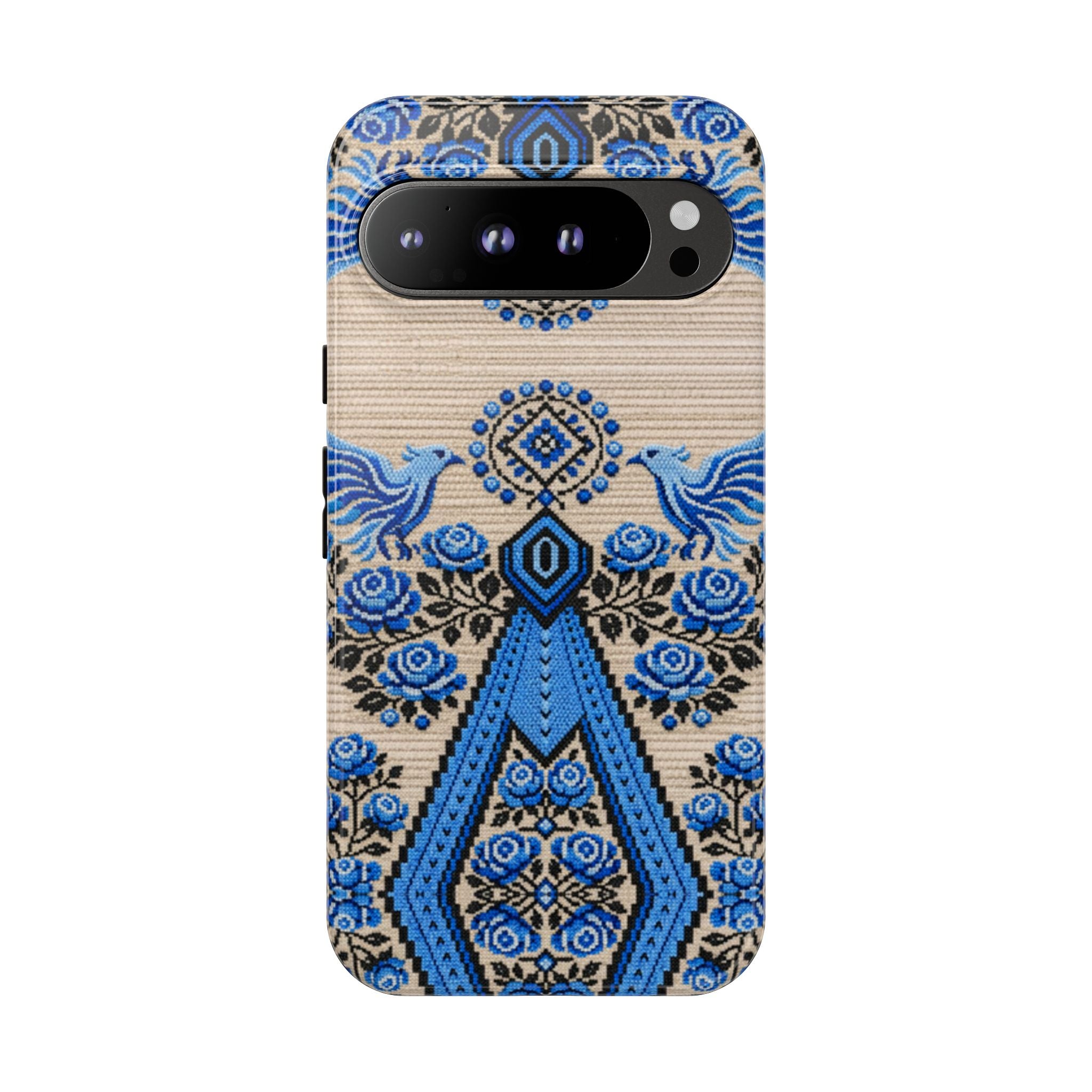 Ukrainian Phone Case  Blue Black Berehynia Design, Falcons & Roses Folk Art, Slavic Embroidery Style Protective Cover