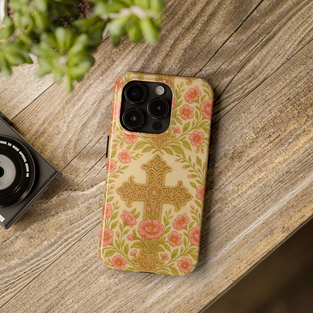 BLUESKYDEZIGN | Blessed Home Phone Case | Floral Cross Vintage Rose iPhone Cover | Christian Faith Gift for Her