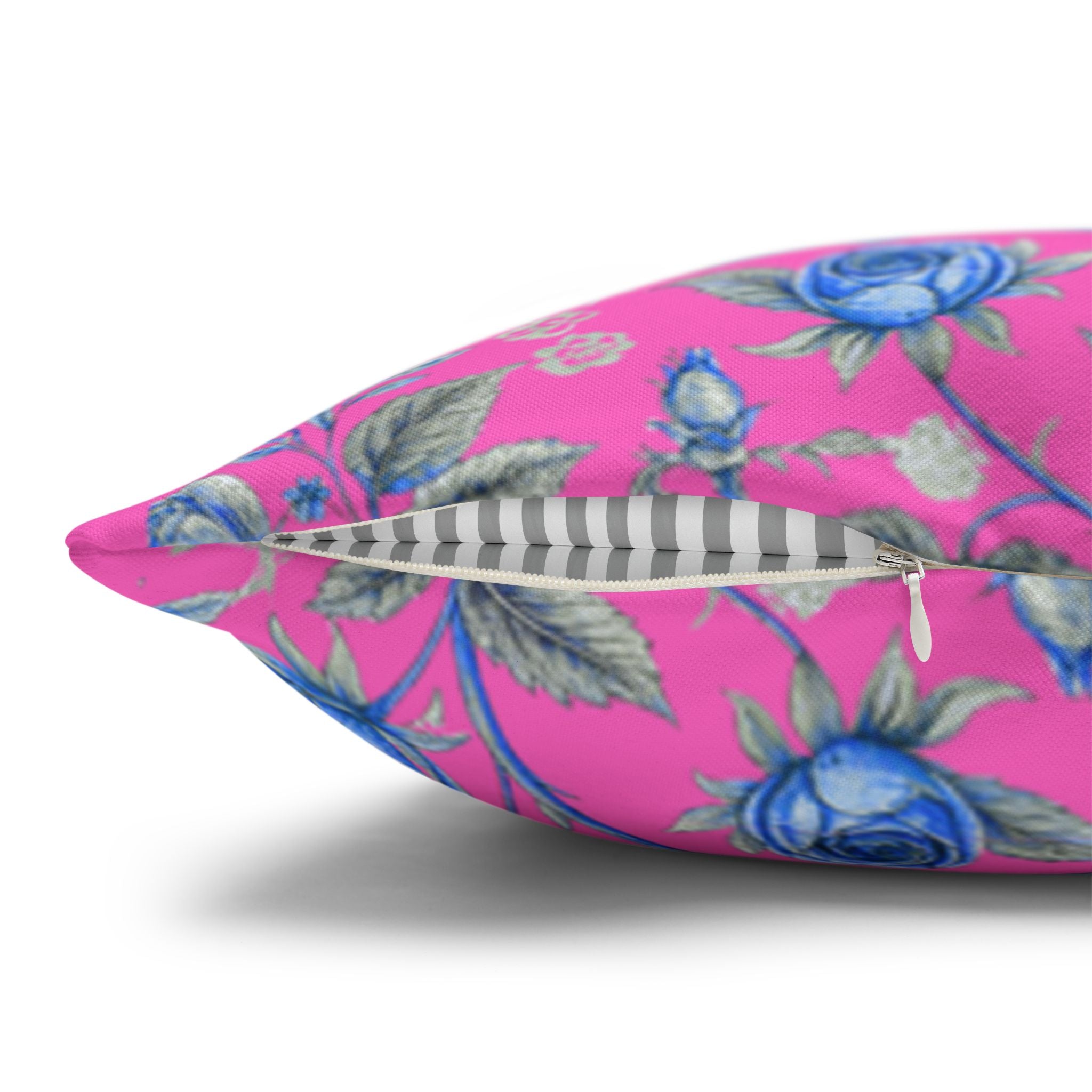 Pink & Blue Rose Floral Throw Pillow Cover | Double-Sided Spun Polyester