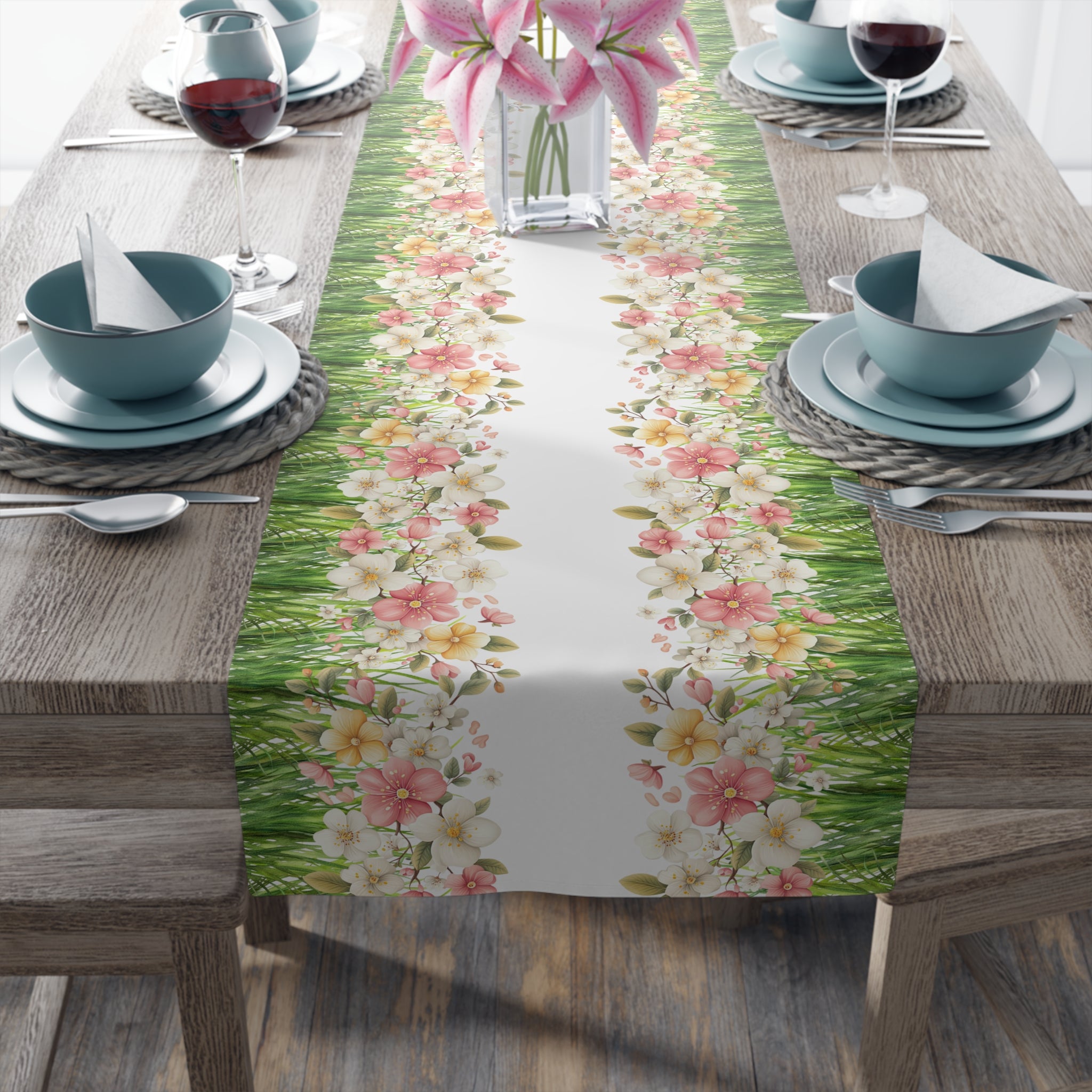 Spring Floral Table Runner, Cotton  Polyester Table Decor, Green Grass Border with Pink White Flowers, Dining Table Runner in 16×72, 16×90