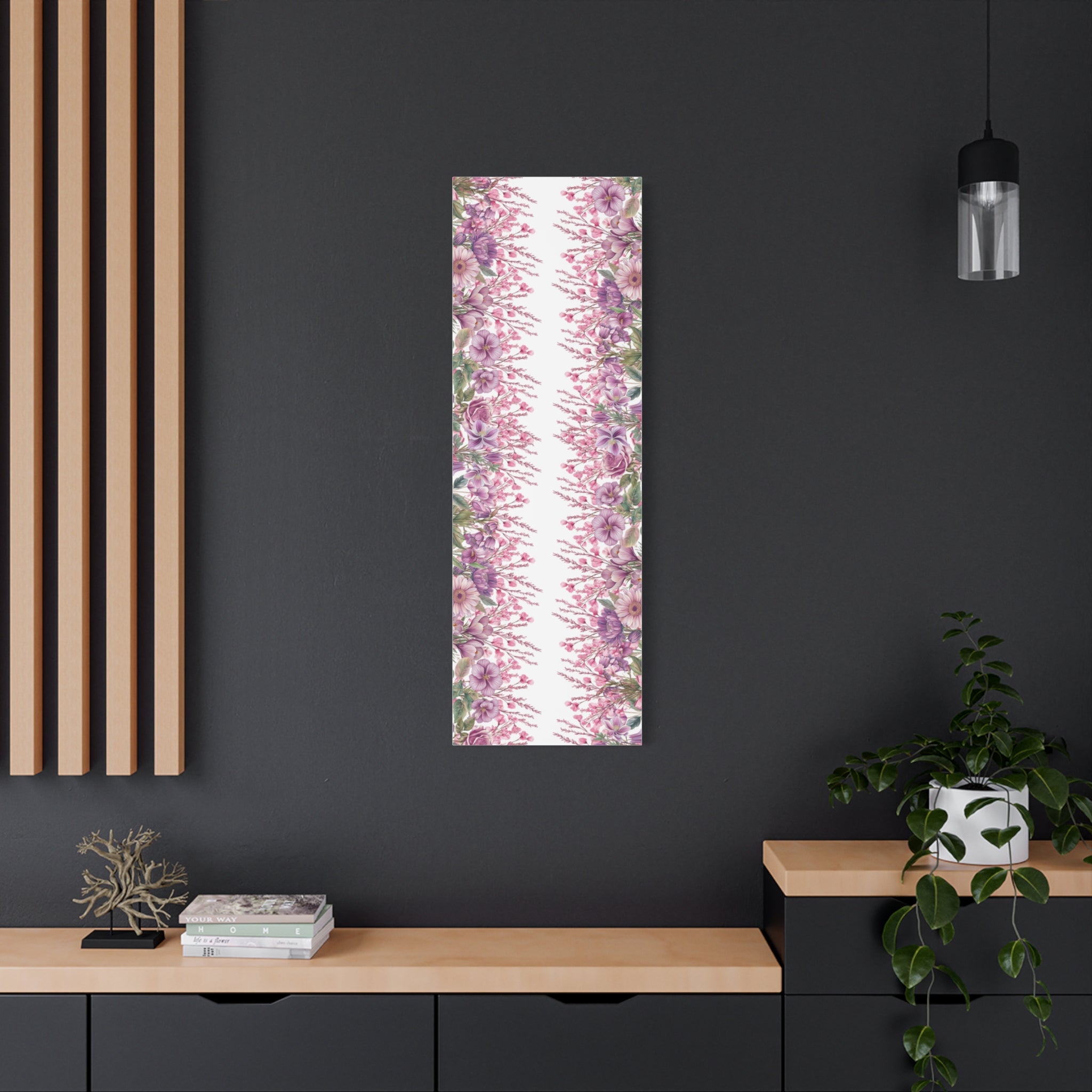 Floral Matte Canvas Wall Art, Pink Purple Botanical Print, Modern Symmetrical Flower Design, Stretched 1.25" Canvas Home Decor