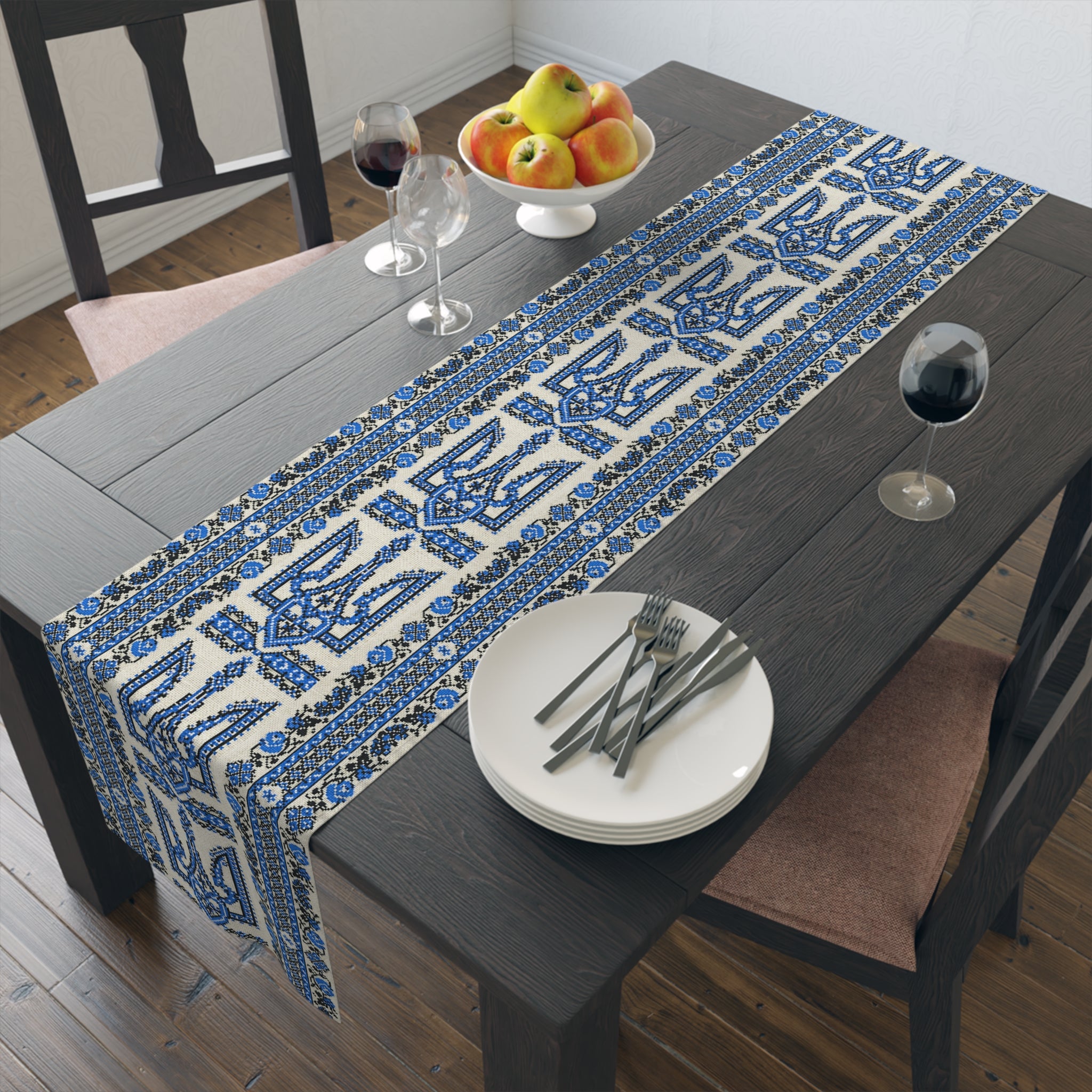 Ukrainian Trident Blue Table Runner | Tryzub Folk Decor | Cotton or Polyester