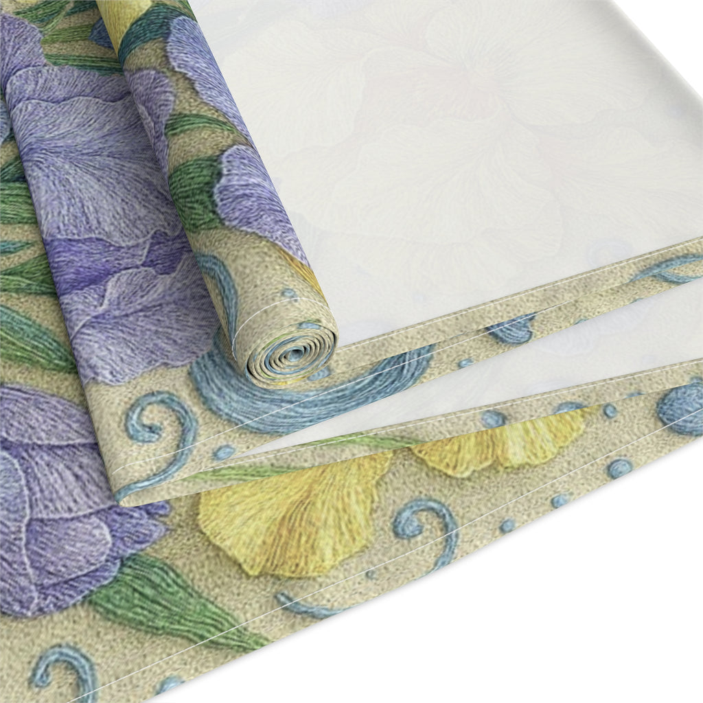 BLUESKYDEZIGN | Yellow and Lavender Iris Floral Table Runner | Spring Dining Decor | Modern Farmhouse | Cotton or Polyester Gift