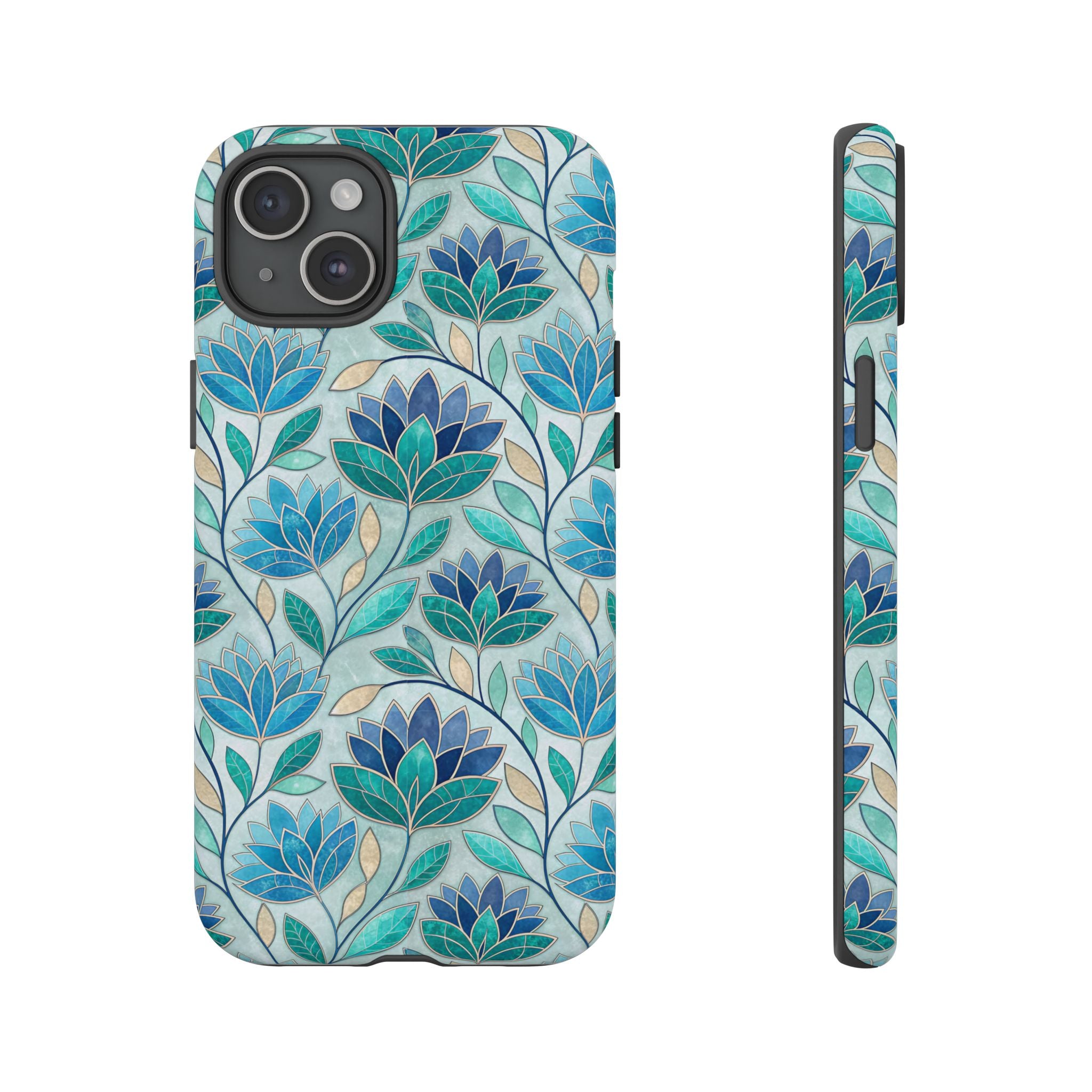 Mosaic iPhone Case, Stained Glass Floral Phone Cover, Teal Blue Protective Case, Matte Glossy Options, Artistic Mosaic Pattern