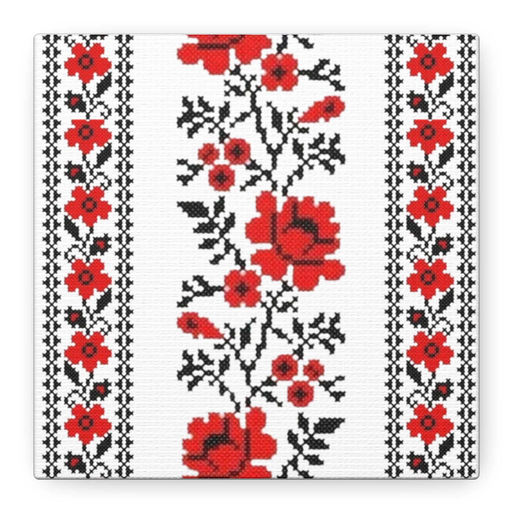 Ukrainian Embroidery Wall Art, Red Black Folk Floral Pattern, Traditional Slavic Home Decor Canvas for Living Room or Entryway, Matte Print, Stretched 1.25" Ready to Hang