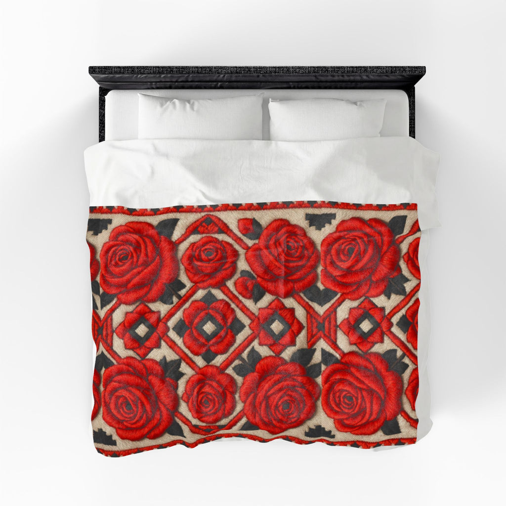 Red Roses Velveteen Plush Blanket | Vintage Floral Throw | Soft Cozy Romantic Bedding Decor