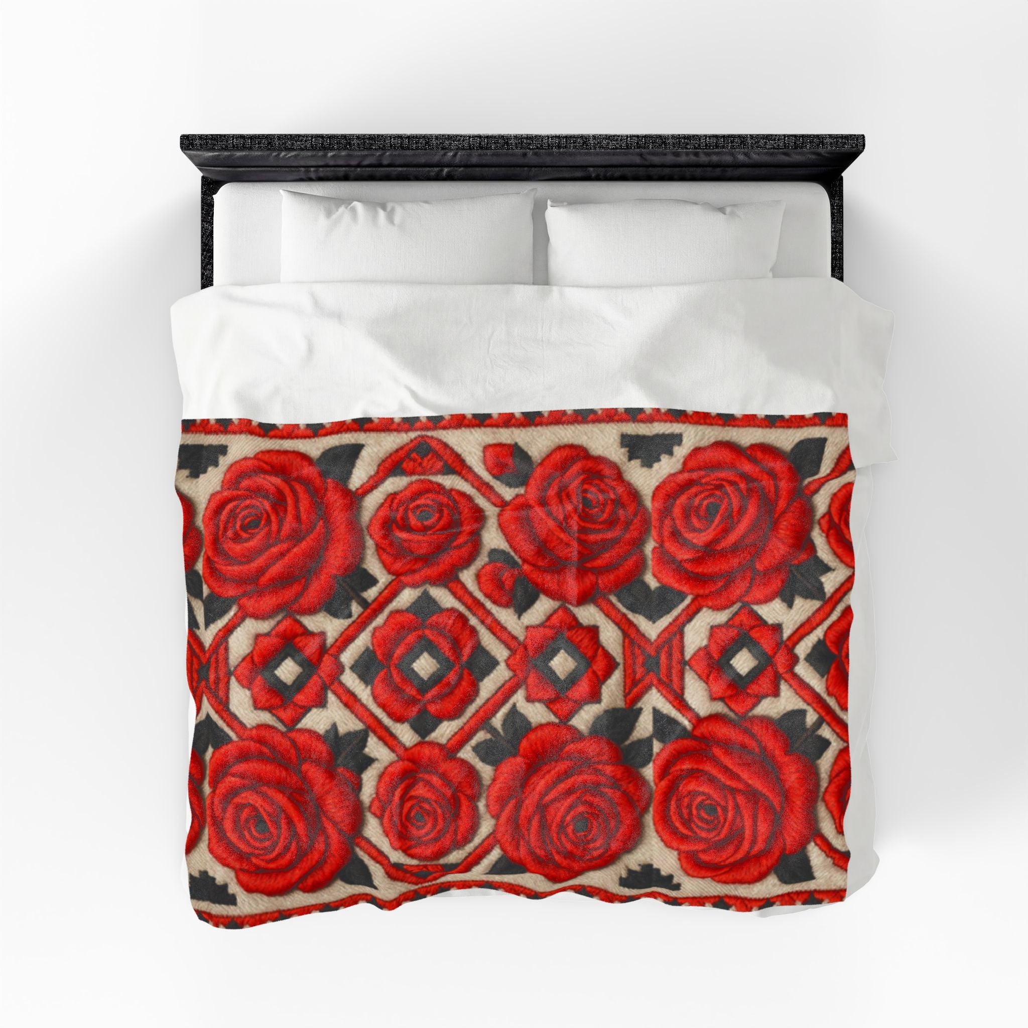 Red Roses Velveteen Plush Blanket | Vintage Floral Throw | Soft Cozy Romantic Bedding Decor