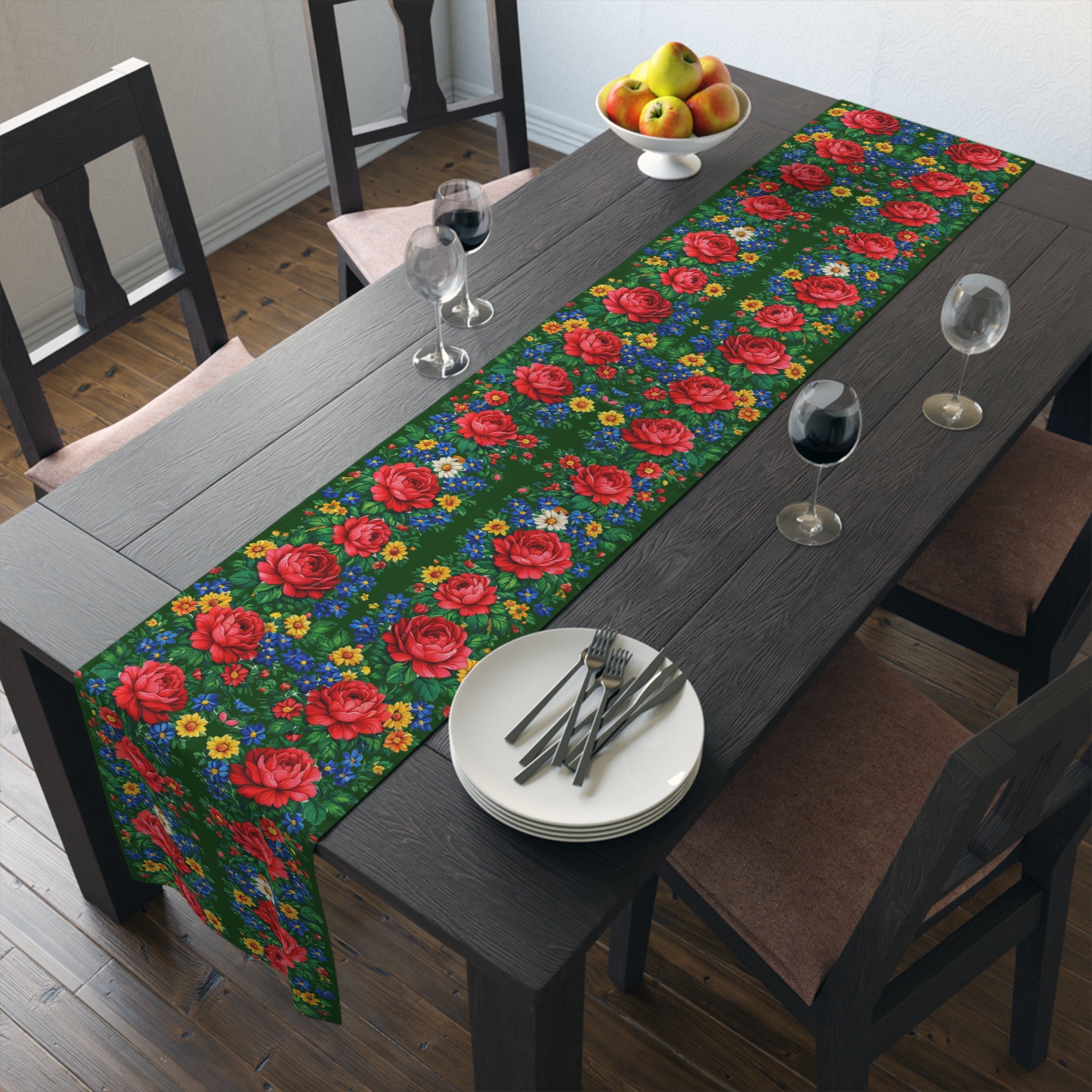 Rose Garden Table Runner | Cottagecore Floral Green Decor | Boho Dining & Kitchen Gift