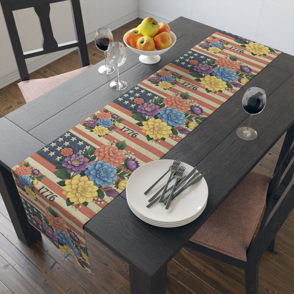 BLUESKYDEZIGN | 1776 Patriotic Floral Table Runner | American Flag Stars & Flowers | 4th of July Dining Decor