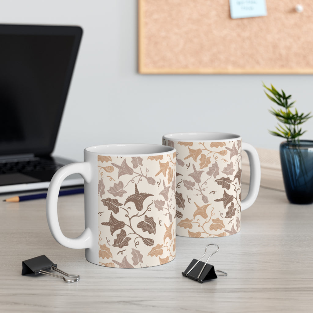 Beige Botanical Leaf Ceramic Mug 11oz - Cottagecore Coffee Cup, Neutral Kitchen Decor, Gift for Her