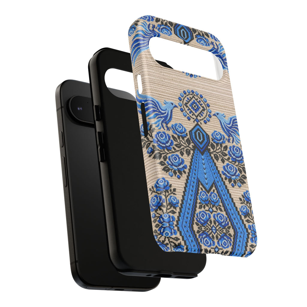 Ukrainian Phone Case  Blue Black Berehynia Design, Falcons & Roses Folk Art, Slavic Embroidery Style Protective Cover
