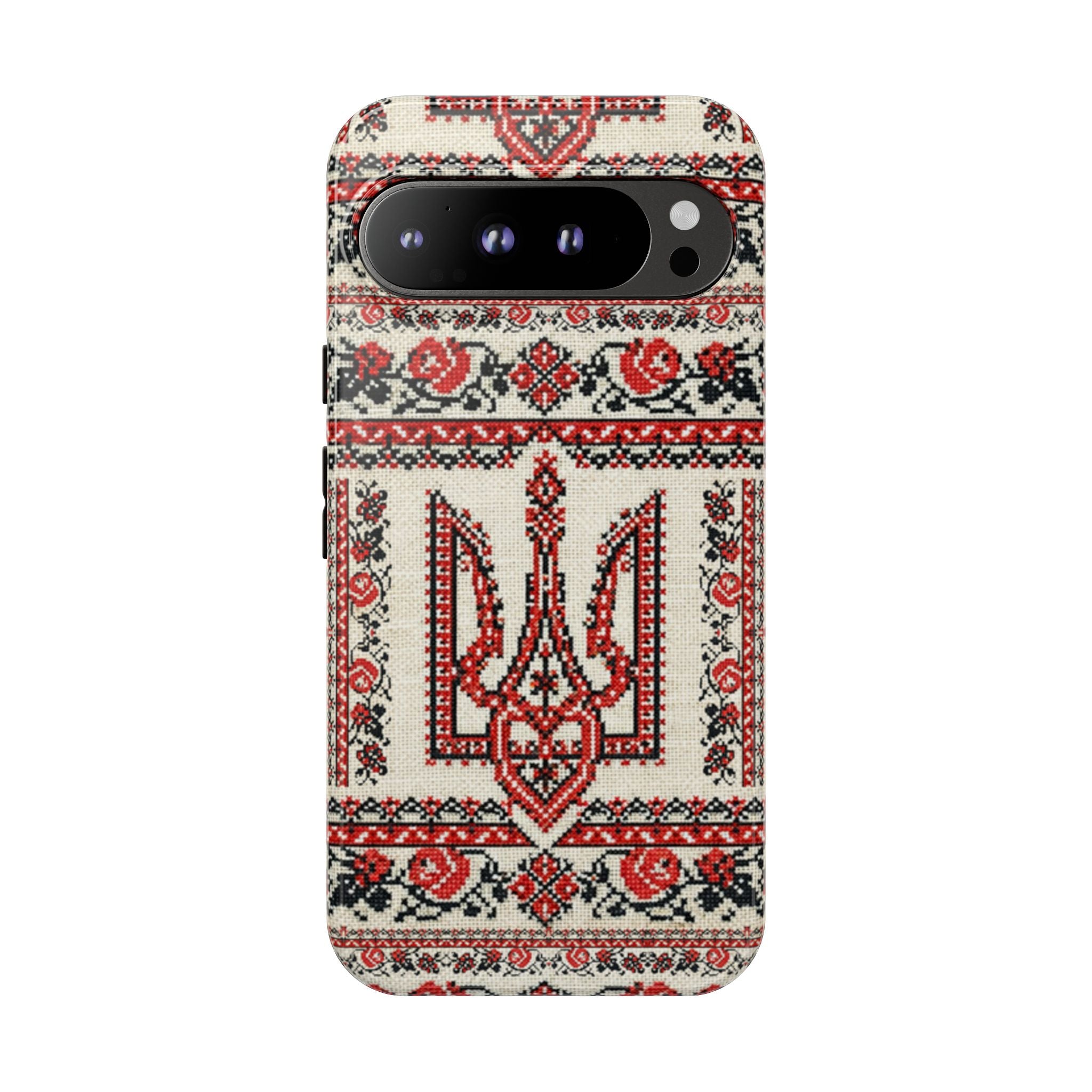 Ukrainian Trident Embroidery Phone Case • Red Black Trident Pattern • Protective Folk Art Cover for iPhone & Samsung