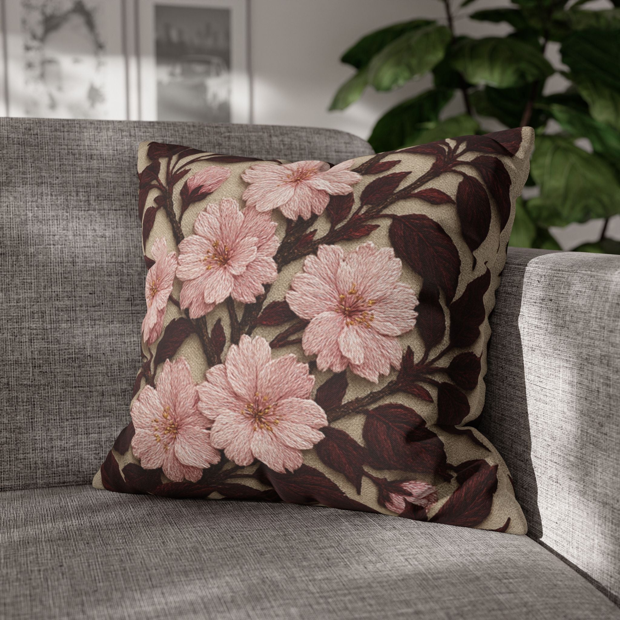 Sakura Noir Decorative Pillow Cover — Vintage Pink Floral Cushion Case | Botanical Throw Pillow