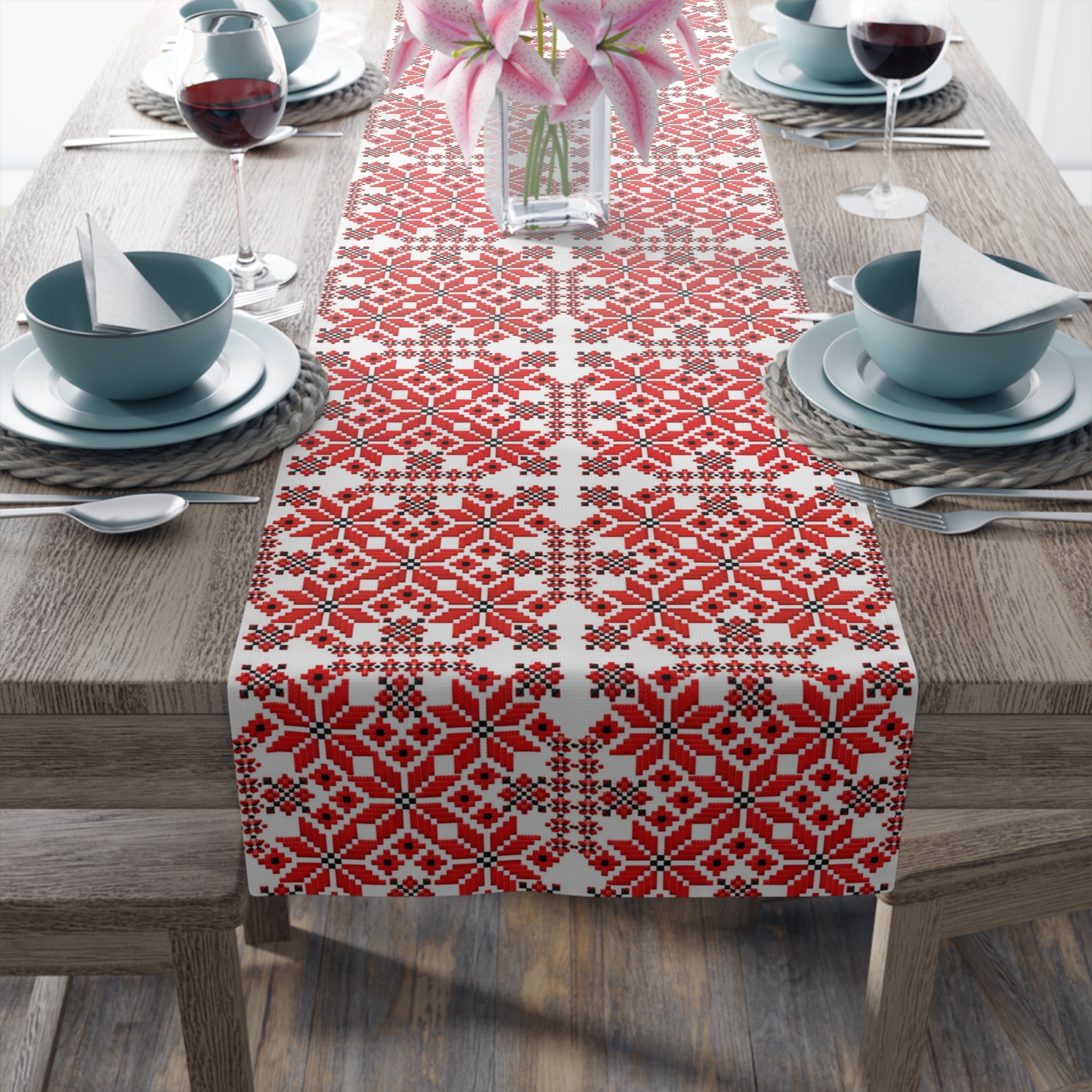 Mariia Red Ukrainian Pattern Table Runner – Traditional Geometric Terracotta & Cream Design