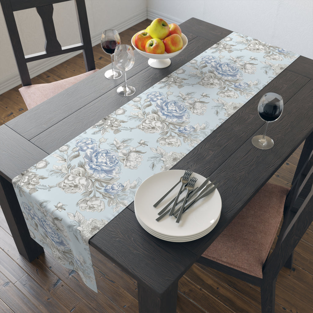 BLUESKYDEZIGN Blue Floral Table Runner - French Country Vintage Cottage Decor
