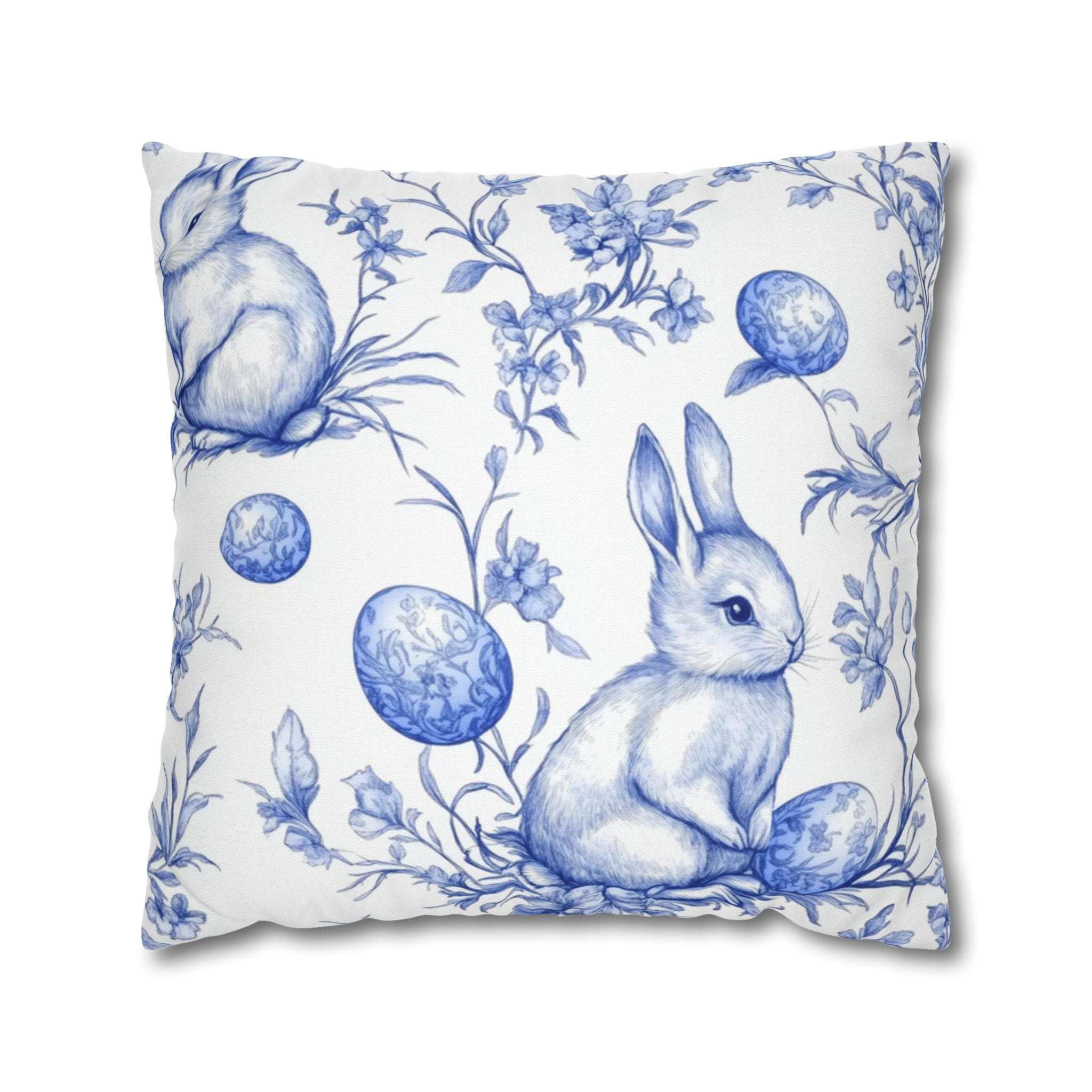 Bunny Bouquet Pillowcase, Square Pillowcase,Floral Rabbits on Blue, Patrick's day, Living Room,Home Decor,bedroom, housewarming,cottage core