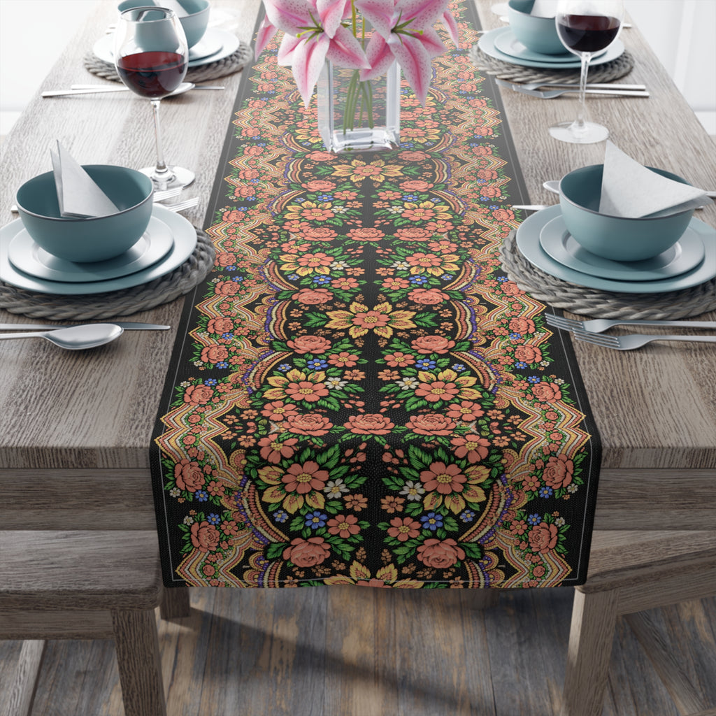 Mother's Bloom Floral Table Runner | Ukrainian Heritage Style Folk Art Decor | Vintage Slavic Flower Table Topper | Boho Farmhouse Kitchen Gift