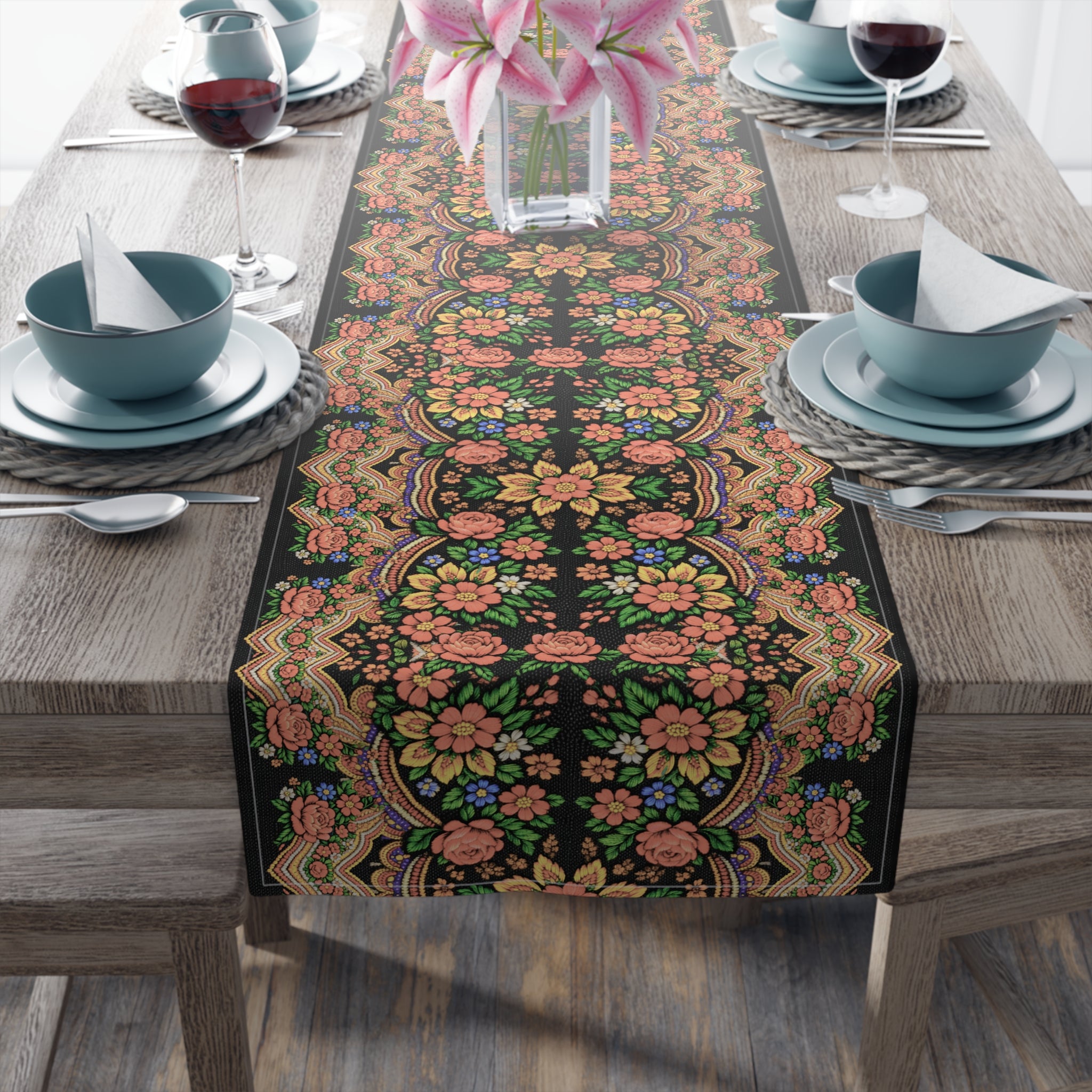 Mother's Bloom Floral Table Runner | Ukrainian Heritage Style Folk Art Decor | Vintage Slavic Flower Table Topper | Boho Farmhouse Kitchen Gift