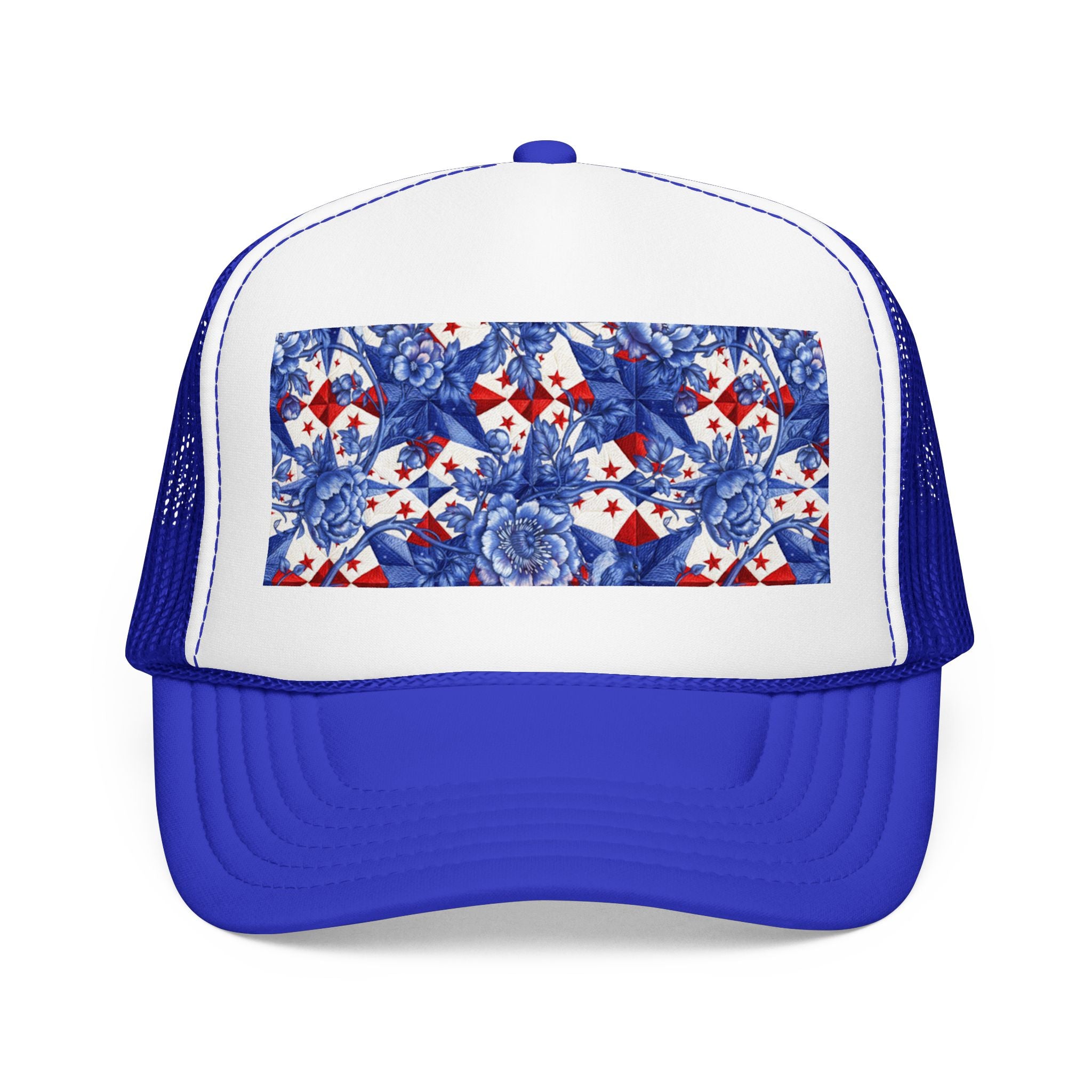 America 250th Anniversary Trucker Hat | Patriotic Toile Floral & Stars | BLUESKYDEZIGN