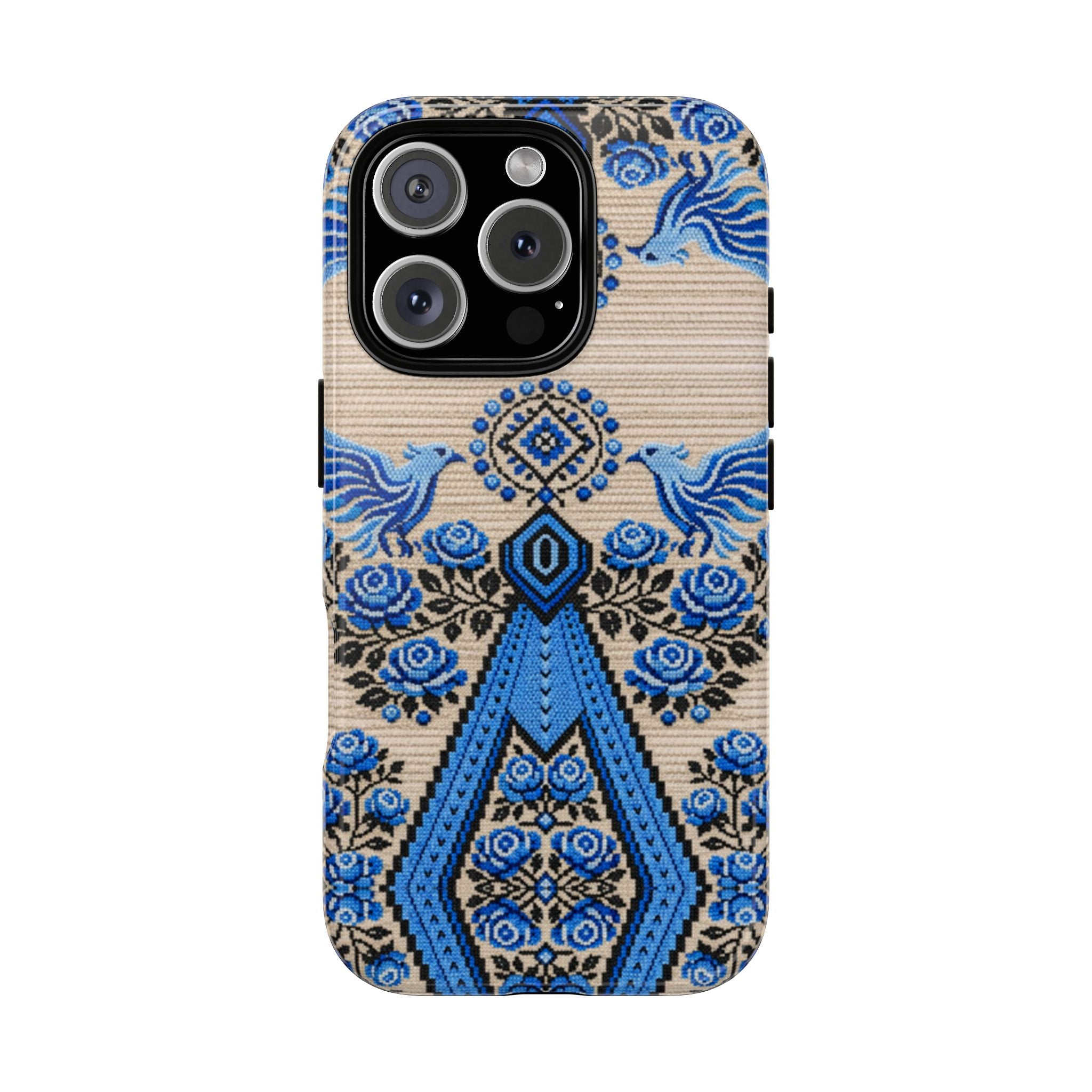Ukrainian Phone Case  Blue Black Berehynia Design, Falcons & Roses Folk Art, Slavic Embroidery Style Protective Cover