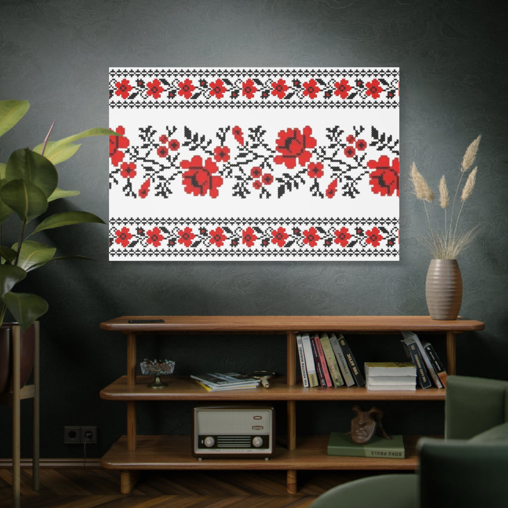 Ukrainian Embroidery Wall Art, Red Black Folk Floral Pattern, Traditional Slavic Home Decor Canvas for Living Room or Entryway, Matte Print, Stretched 1.25" Ready to Hang
