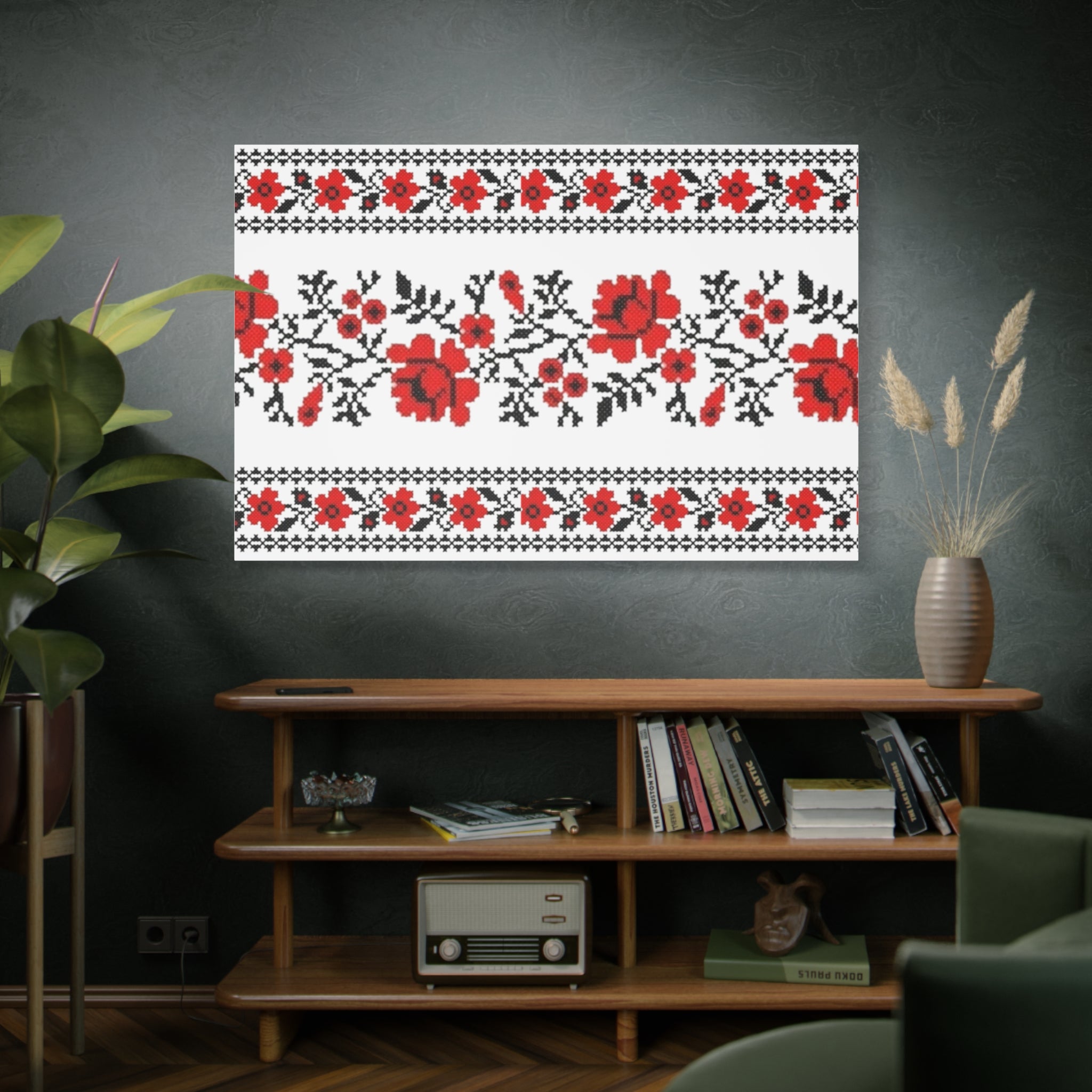 Ukrainian Embroidery Wall Art, Red Black Folk Floral Pattern, Traditional Slavic Home Decor Canvas for Living Room or Entryway, Matte Print, Stretched 1.25" Ready to Hang