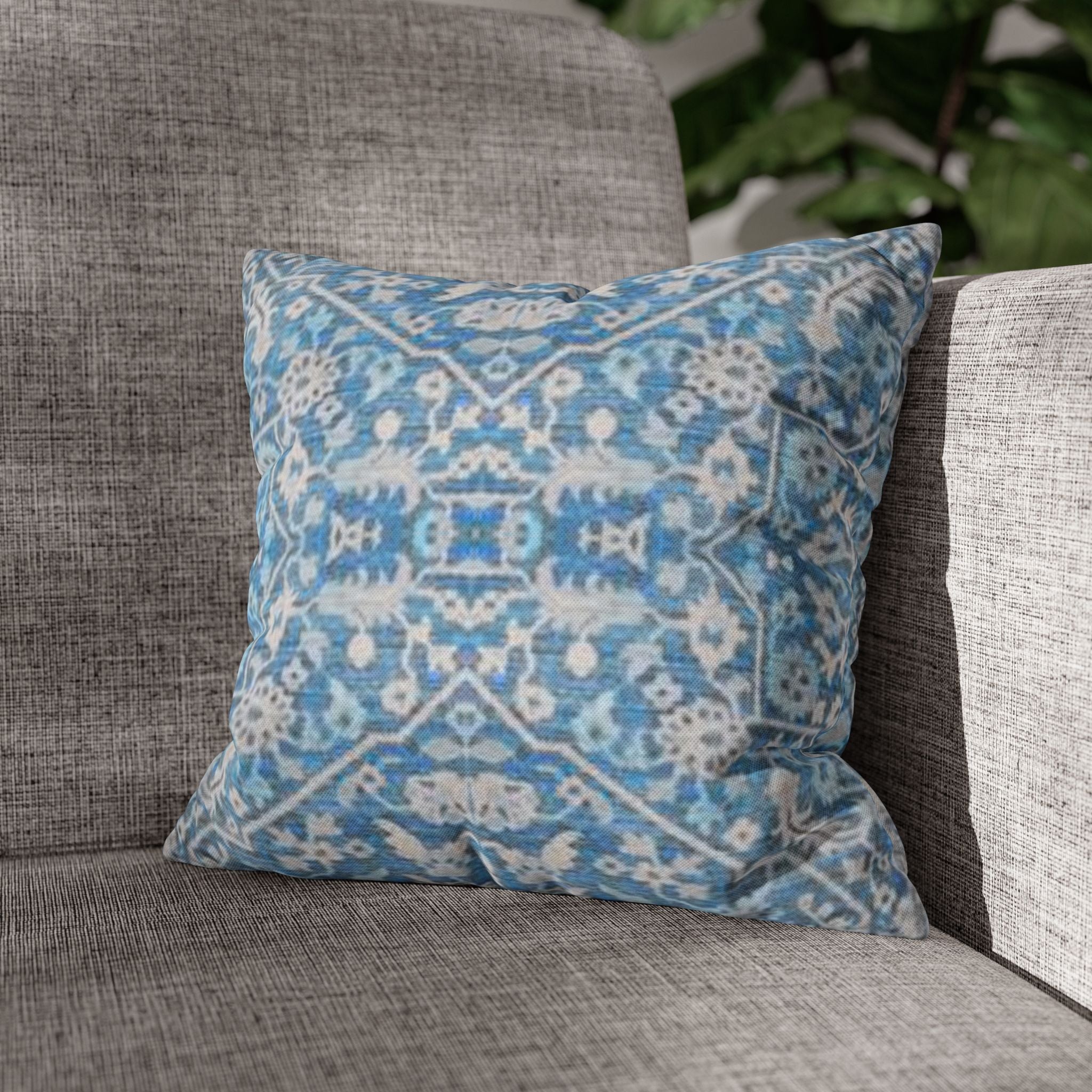 BLUESKYDEZIGN Grandmother's Heritage Pillow Cover - Blue Ikat Floral, Boho Modern Rustic Cushion