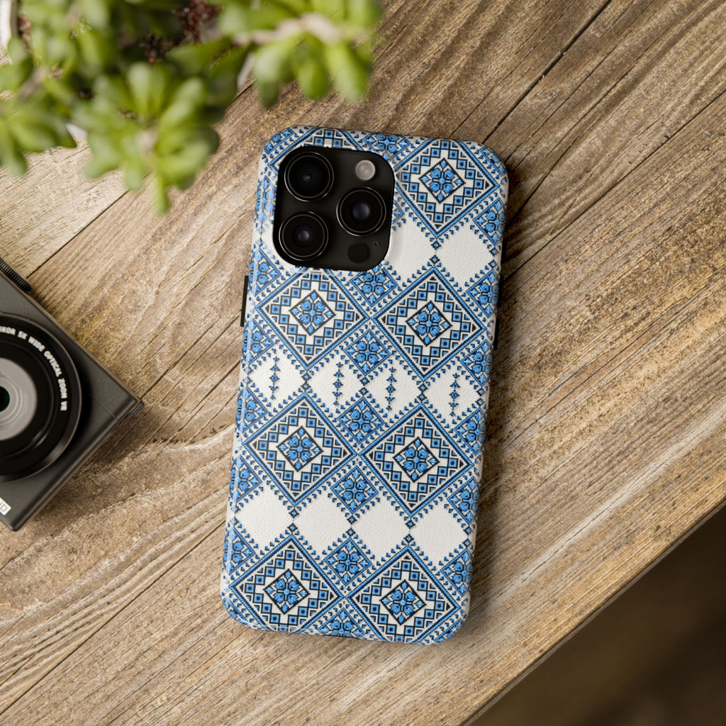 BLUESKYDEZIGN | Blue Sky Folk Art Phone Case | Ukrainian Heritage Geometric Embroidery iPhone Cover | Artist-Designed