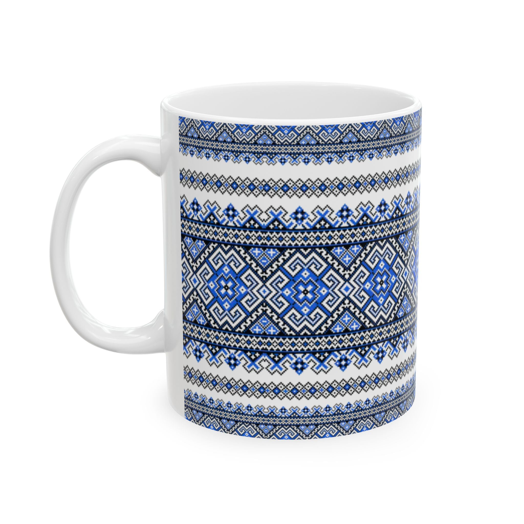 Ukrainian Embroidery Mug, Blue Black Folk Pattern Cup, Traditional Slavic Ceramic Coffee Tea Mug 11 oz