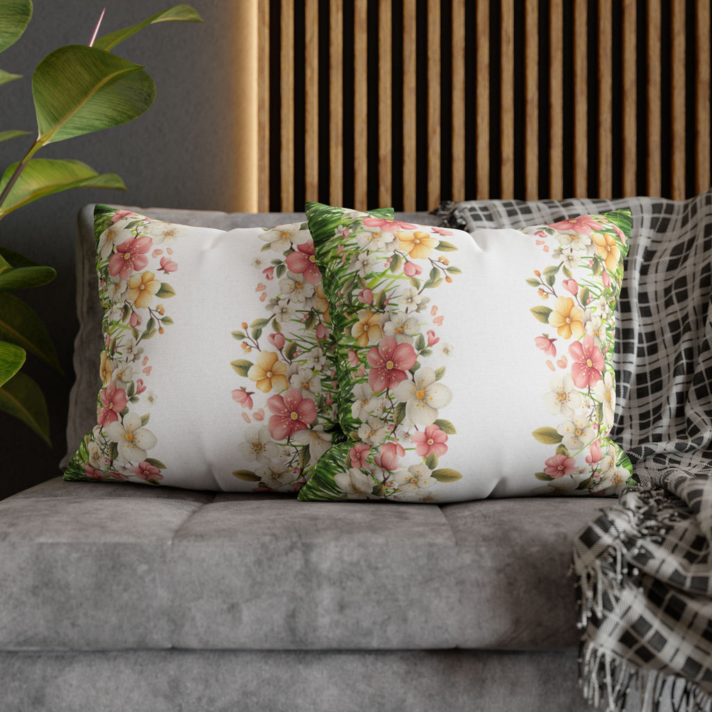 Spring Floral Pillowcase 1piece, Polyester Cushion Cover, Green Grass Border with Pink  White Flowers, Spring Home Decor