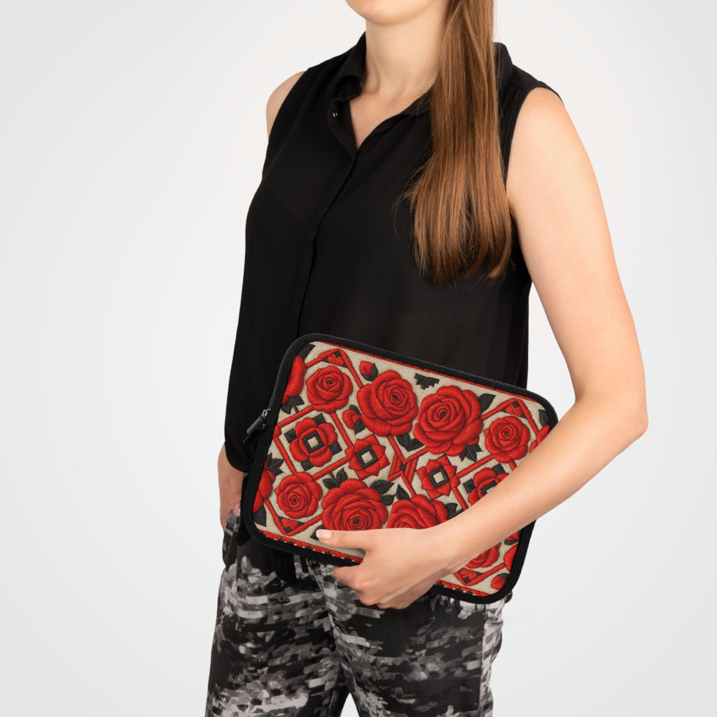 Red Roses Laptop Sleeve | Vintage Floral Neoprene Case with Zipper | Folk Art Tech Bag Gift for Her