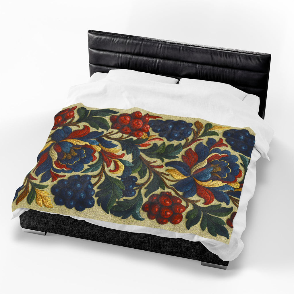 BLUESKYDEZIGN | Petrykivka Bloom Velveteen Blanket | Ukrainian Folk Art Floral Throw | Vintage Botanical Plush | Cottagecore Gift