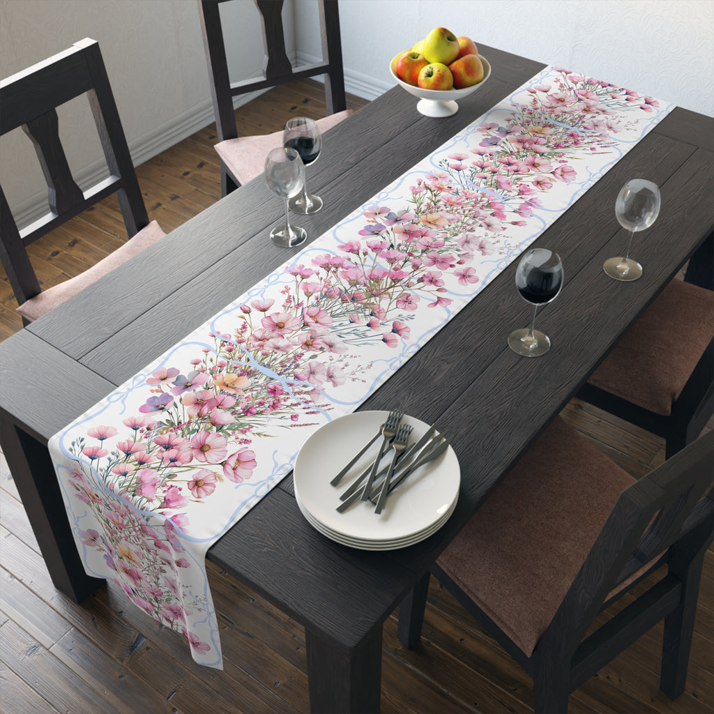 BLUESKYDEZIGN Spring Pink Purple Floral Table Runner - Botanical Wedding Decor