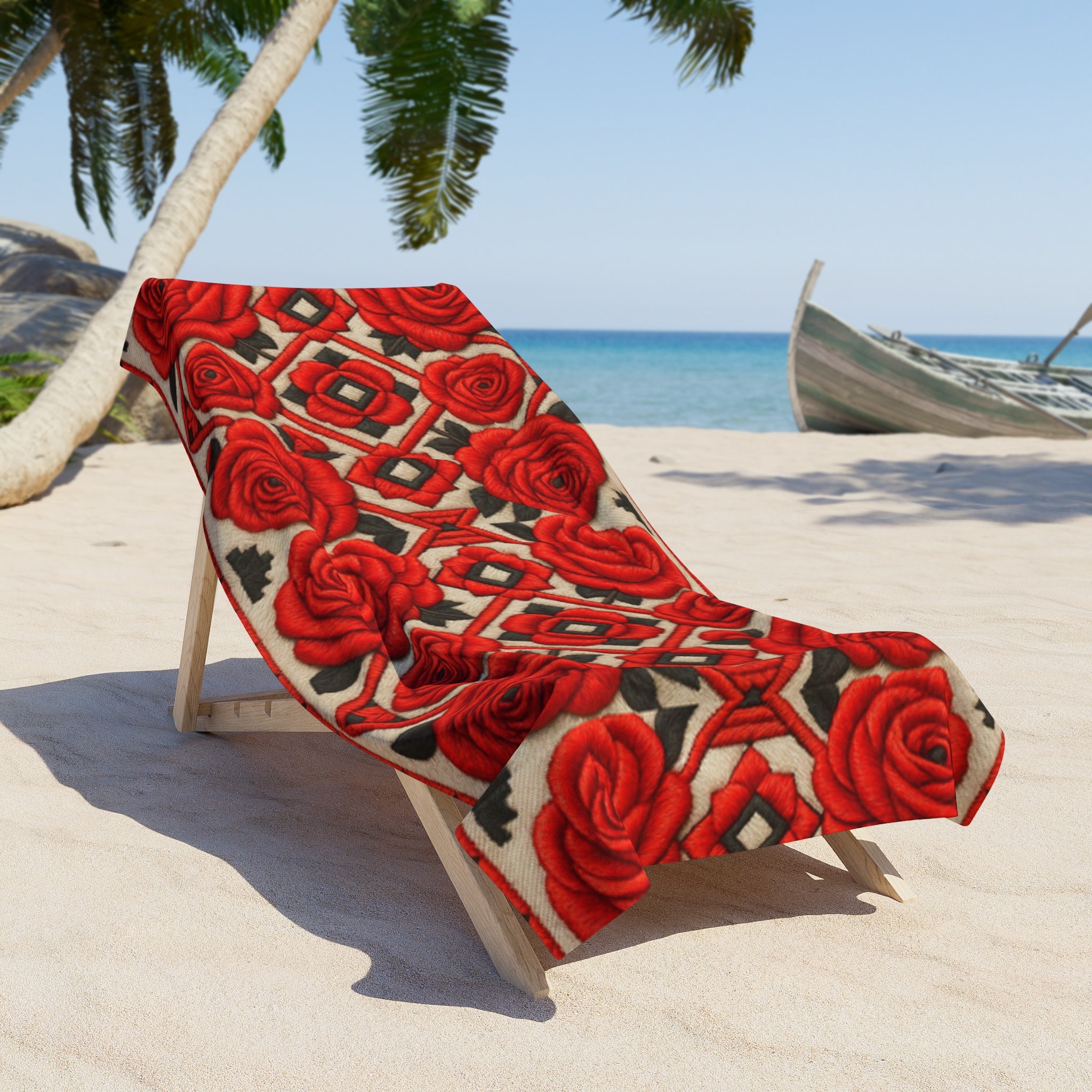 Red Roses Beach Towel | Vintage Floral Geometric Pool Towel | Soft Cotton Backing Oversized Swim Gift