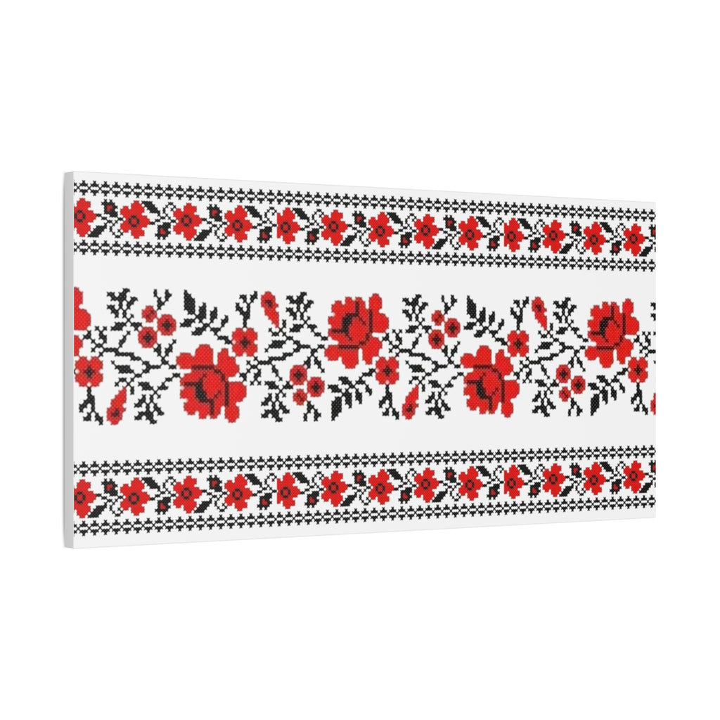 Ukrainian Embroidery Wall Art, Red Black Folk Floral Pattern, Traditional Slavic Home Decor Canvas for Living Room or Entryway, Matte Print, Stretched 1.25" Ready to Hang