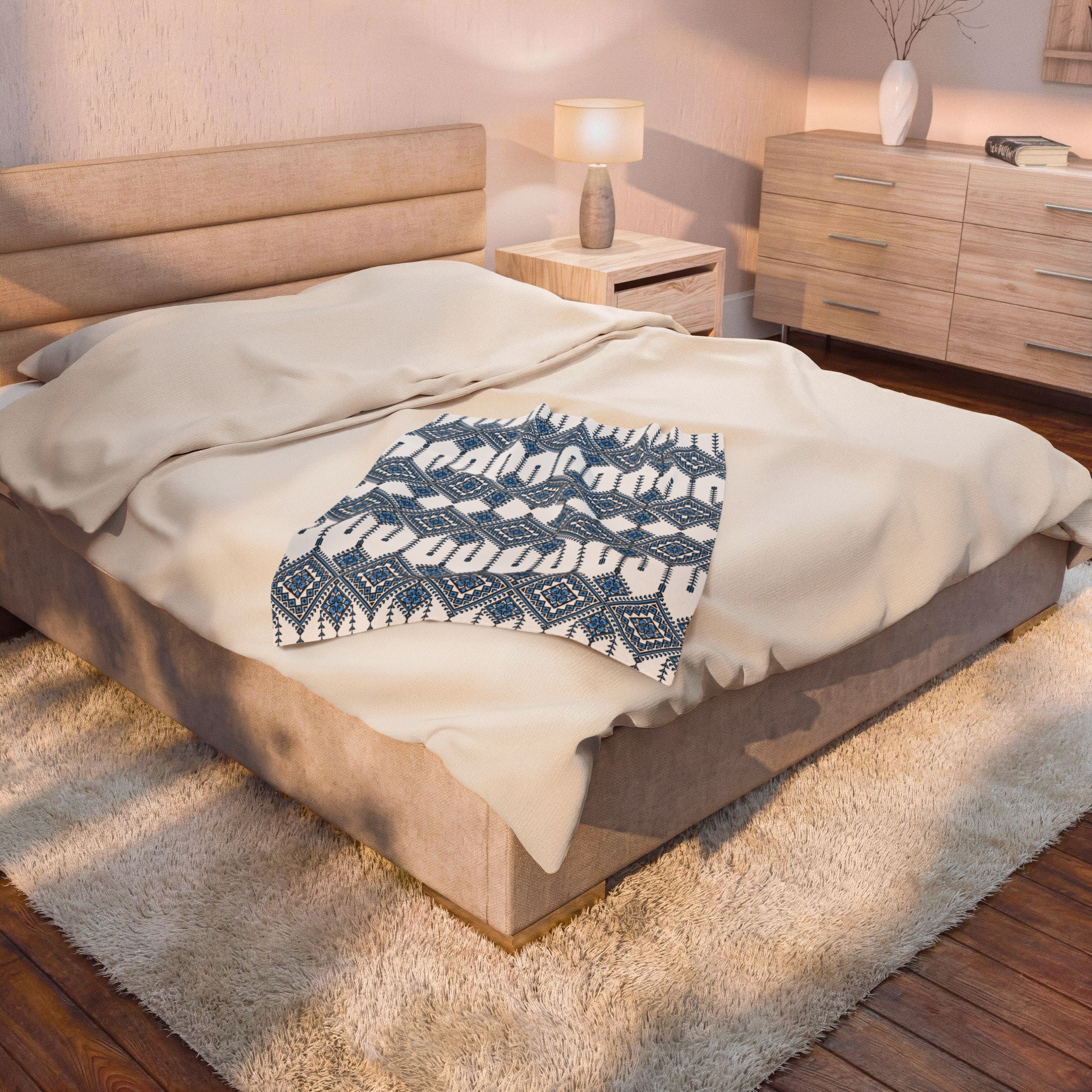 Velvet Plush Blanket with Traditional Ukrainian Pattern, Soft Cozy Throw in 3 Sizes, Blue Black Ethnic Design Home Decor