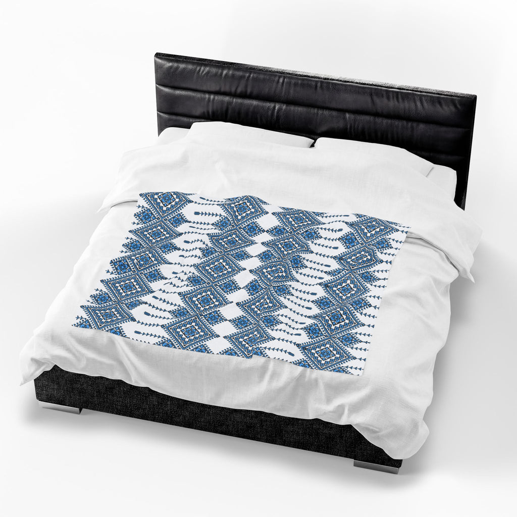 Velvet Plush Blanket with Traditional Ukrainian Pattern, Soft Cozy Throw in 3 Sizes, Blue Black Ethnic Design Home Decor