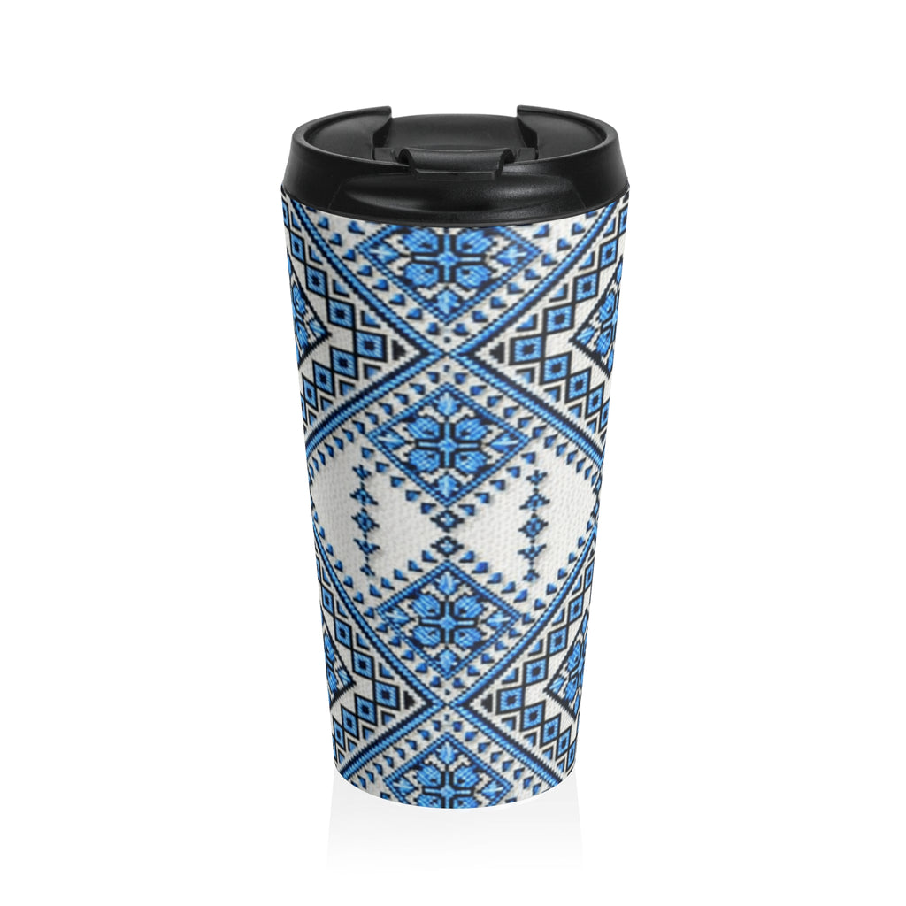 Blue Geometric Plaid Travel Mug — Insulated Stainless Steel Tumbler | BLUESKYDEZIGN