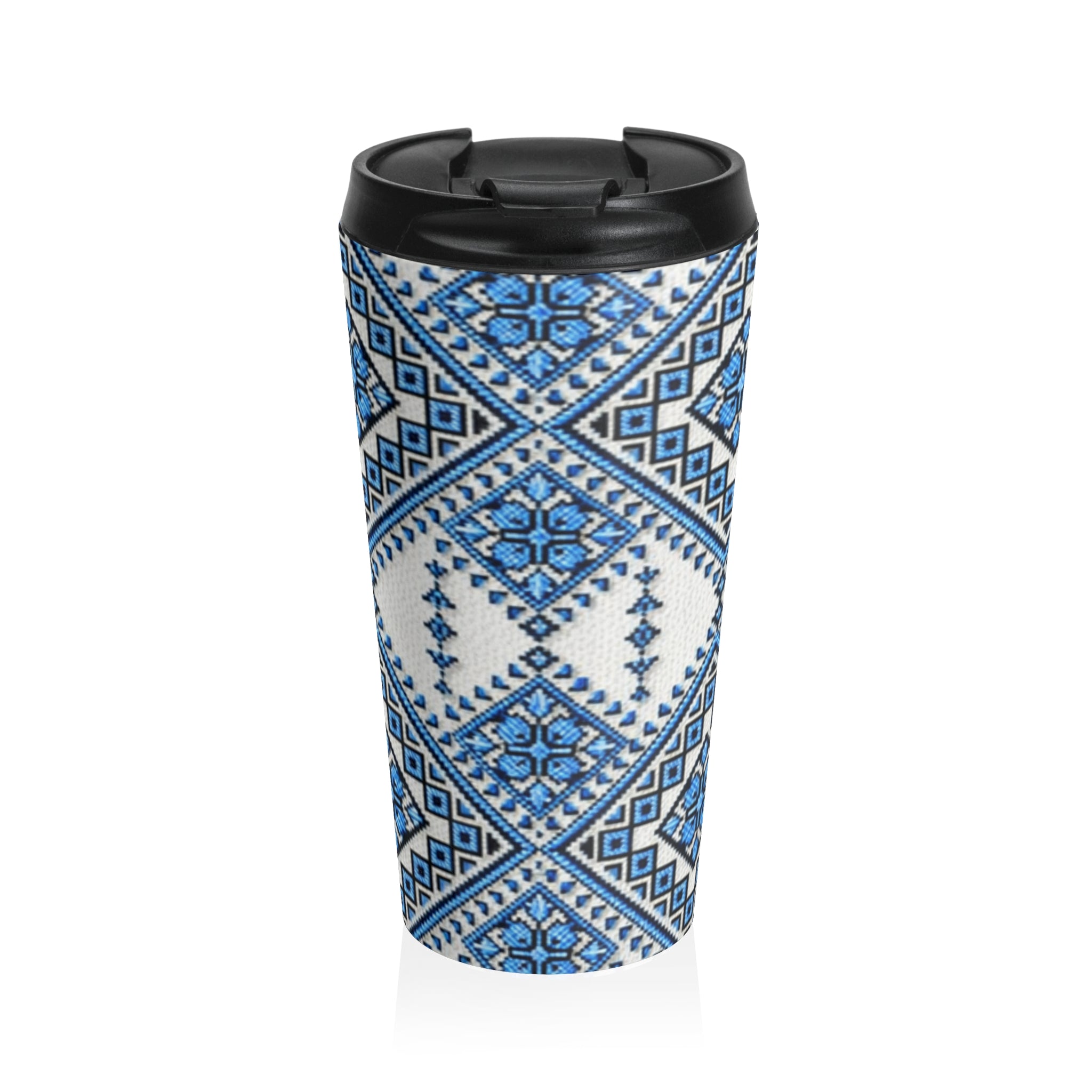 Blue Geometric Plaid Travel Mug — Insulated Stainless Steel Tumbler | BLUESKYDEZIGN