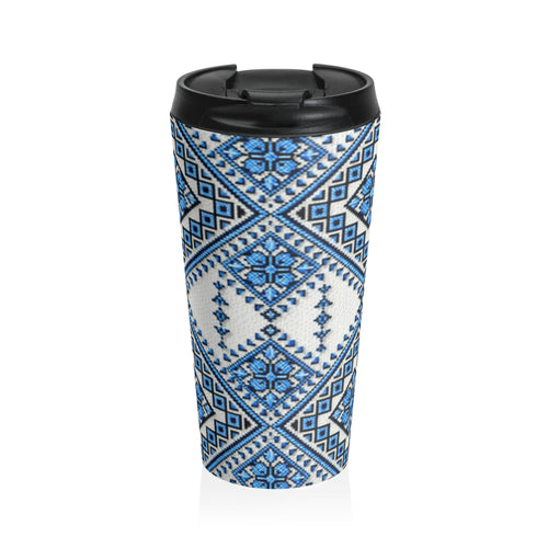 Blue Geometric Plaid Travel Mug — Insulated Stainless Steel Tumbler | BLUESKYDEZIGN