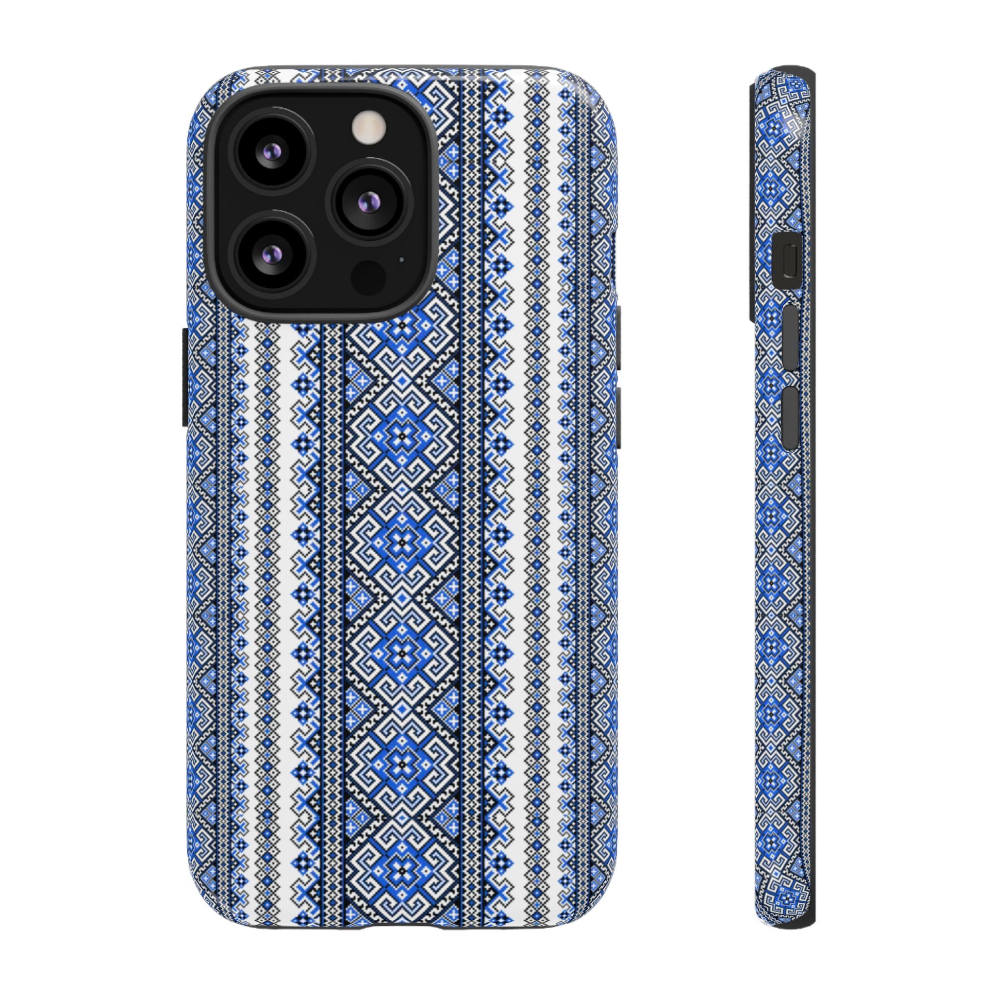 Ukrainian Pattern iPhone Case, Blue Black Geometric Folk Design, Protective Phone Cover, Traditional Ethnic Print