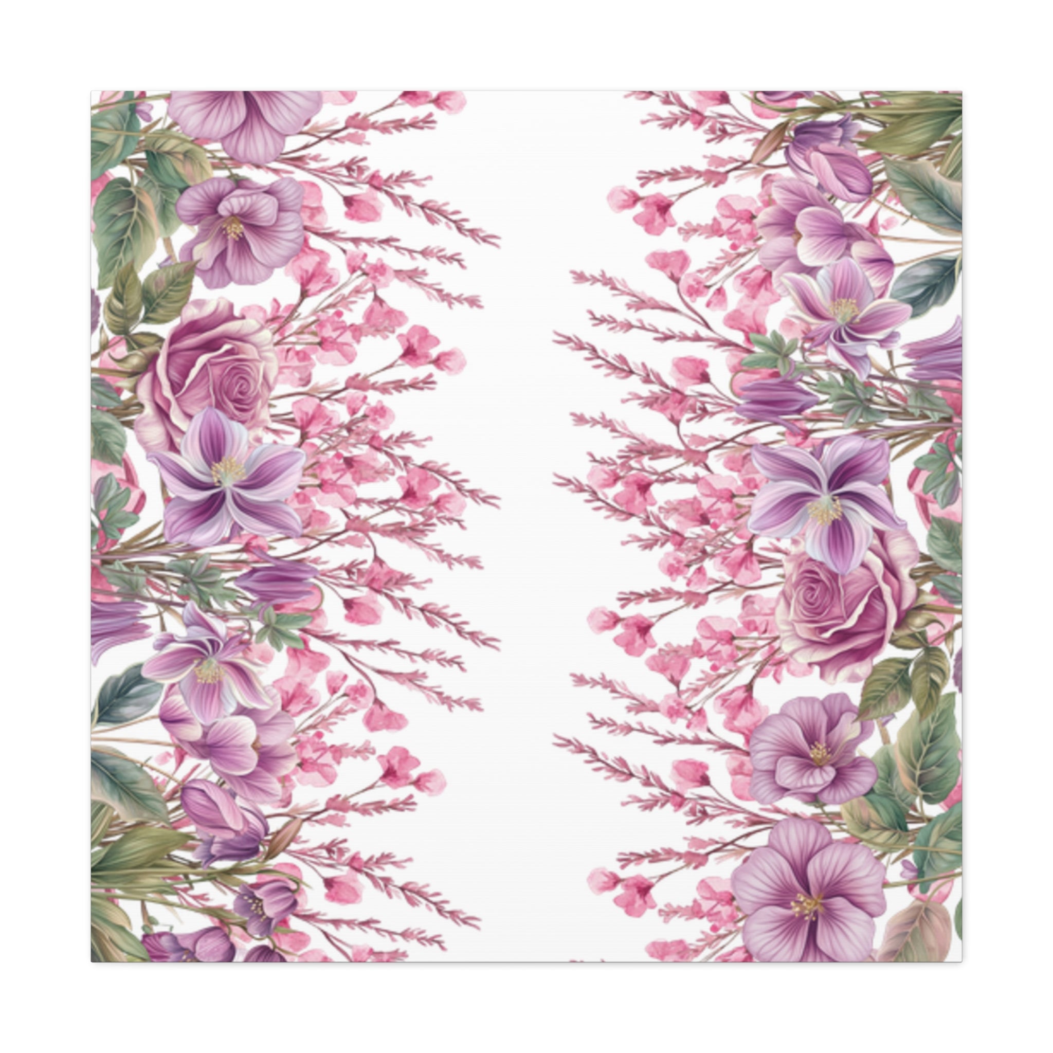 Floral Matte Canvas Wall Art, Pink Purple Botanical Print, Modern Symmetrical Flower Design, Stretched 1.25" Canvas Home Decor