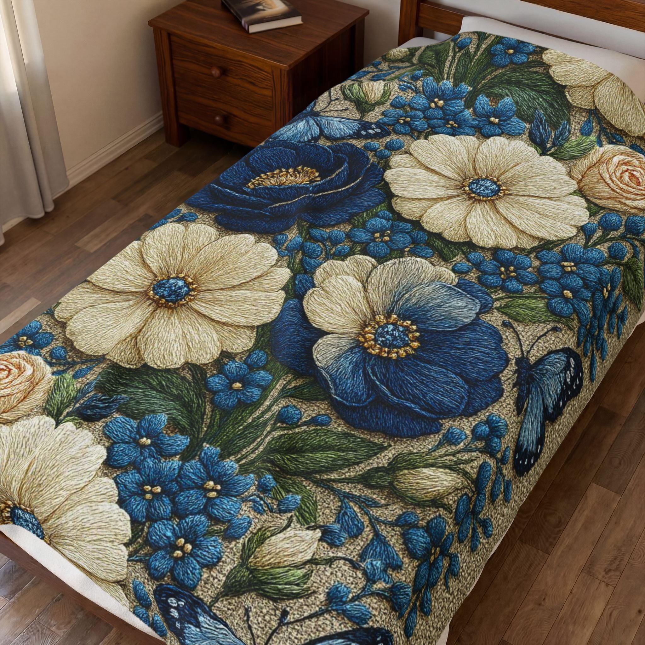 Wild Beauty Floral Velveteen Throw Blanket – Blue & Cream Botanical Design