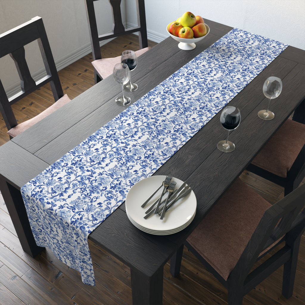 BLUESKYDEZIGN Blue Floral Tile Table Runner - Delft Porcelain Inspired Decor