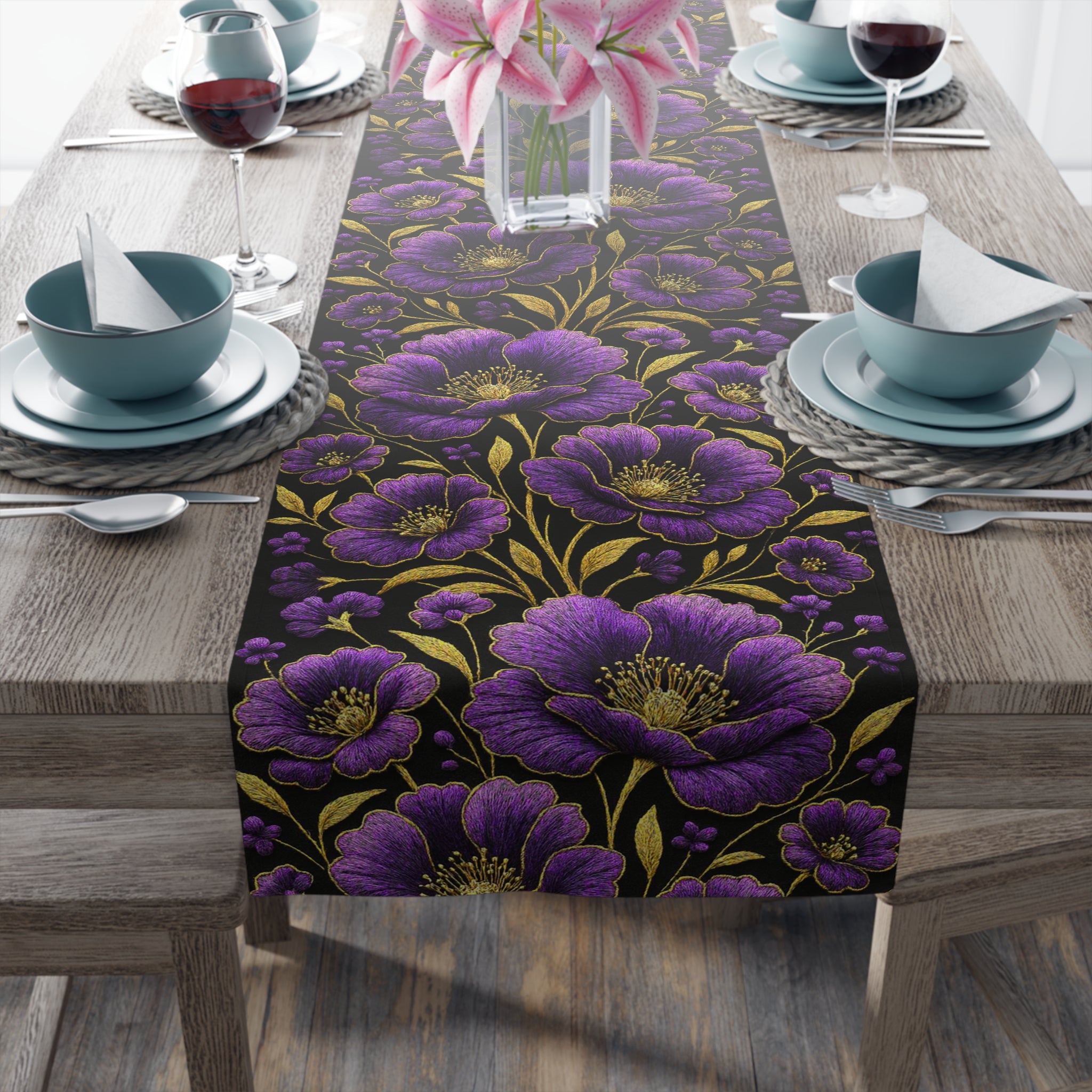 Petrykivka Bloom Table Runner | Purple Poppy Floral Table Runner | Moody Gold Embroidered Look Table Decor