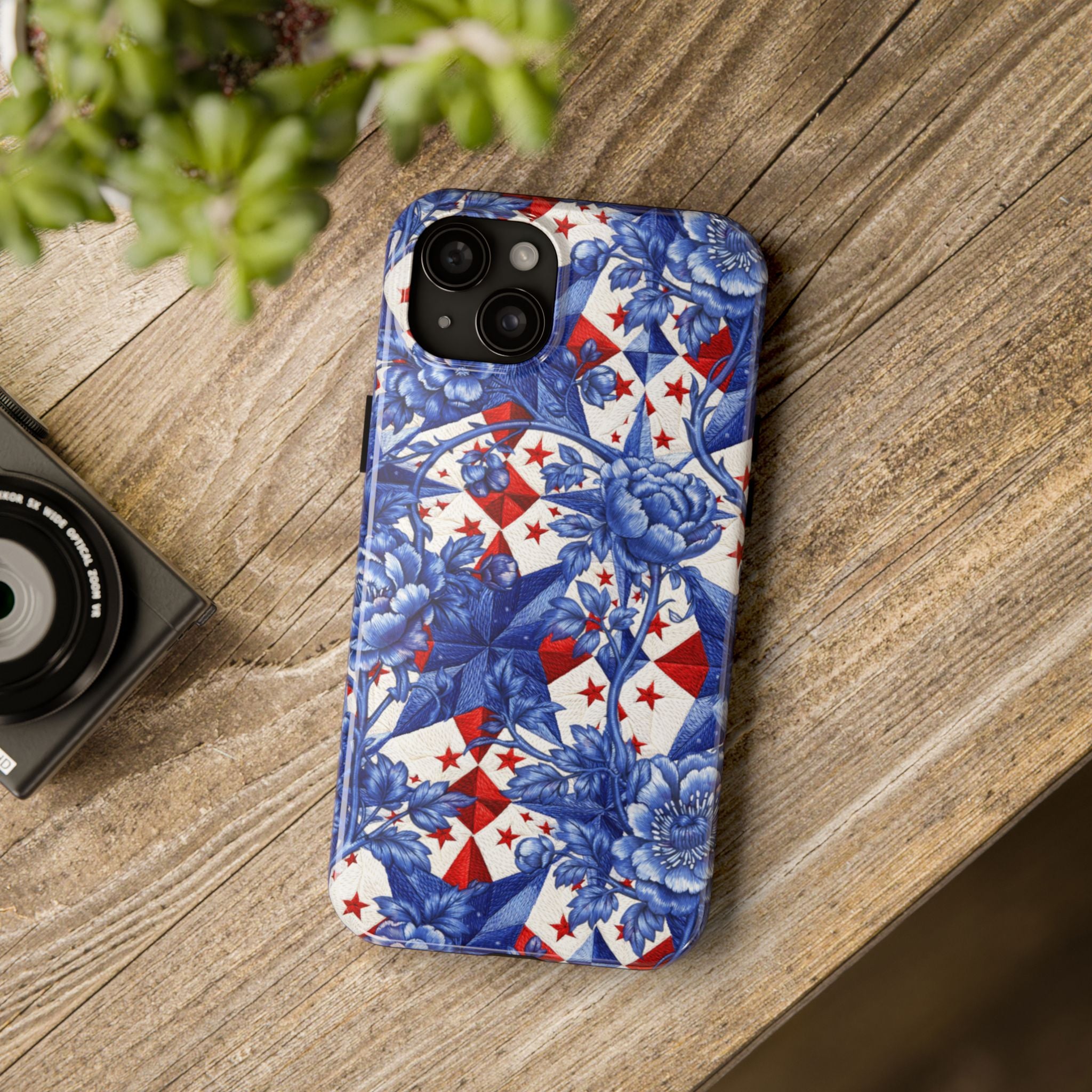 BLUESKYDEZIGN | America 250th Anniversary Phone Case | Blue Toile Floral Patriotic Star Patchwork iPhone Cover