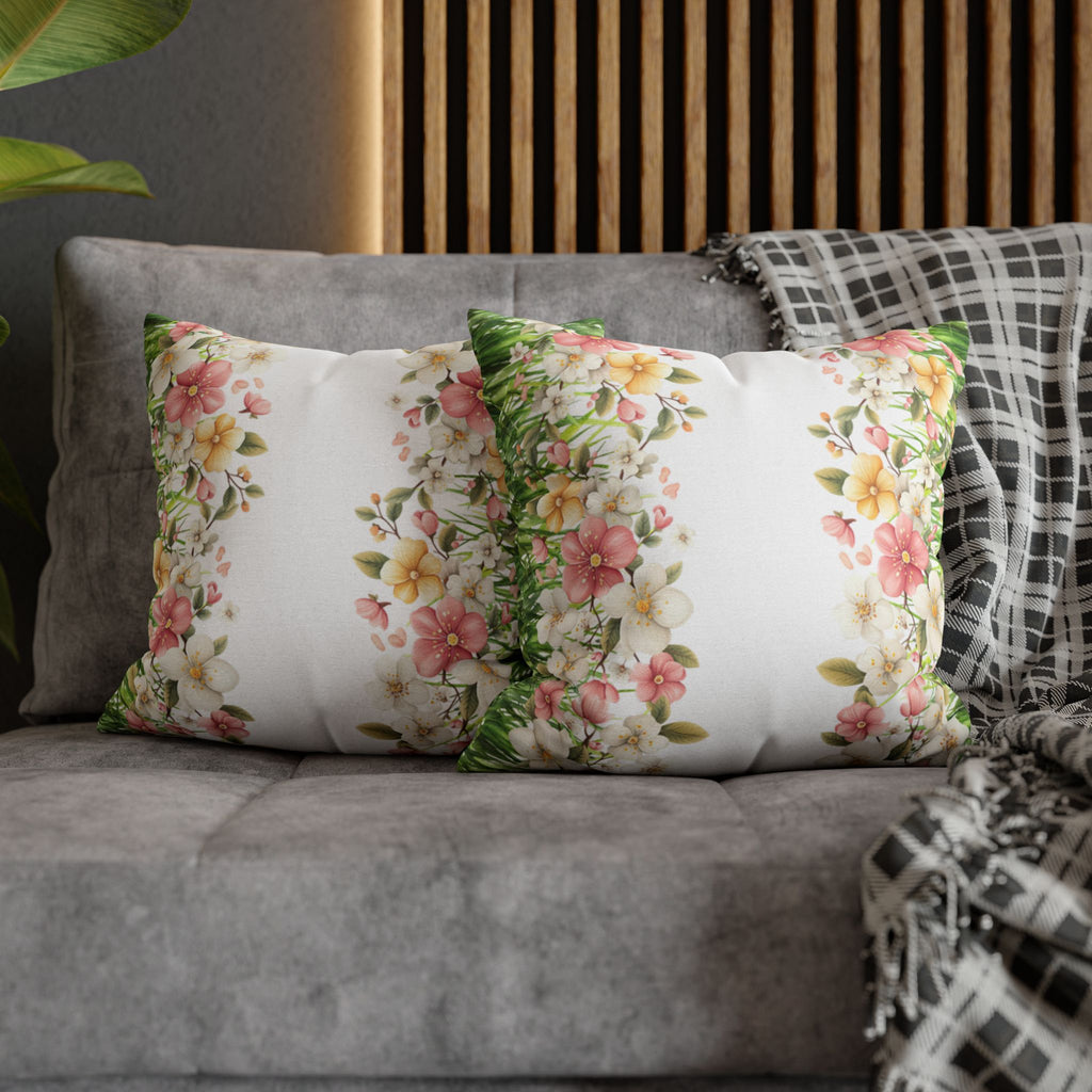 Spring Floral Pillowcase 1piece, Polyester Cushion Cover, Green Grass Border with Pink  White Flowers, Spring Home Decor