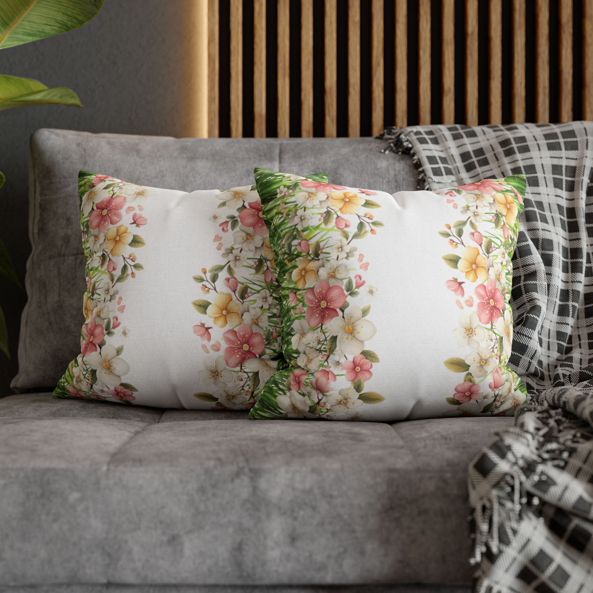 Spring Floral Pillowcase 1piece, Polyester Cushion Cover, Green Grass Border with Pink  White Flowers, Spring Home Decor