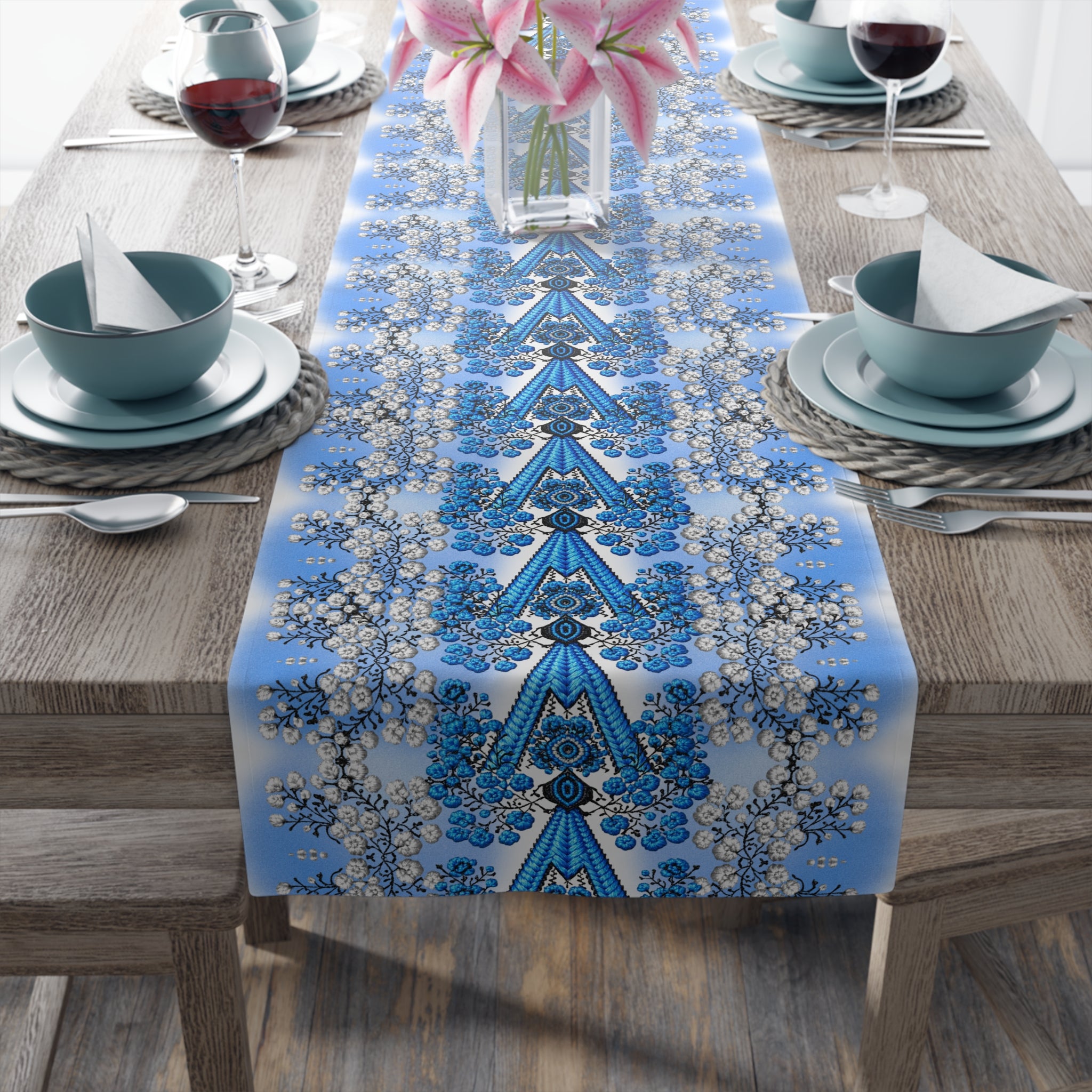 Ukrainian Berehynia Blue Table Runner — Folk Embroidery Style, Roses & Geometric Pattern | BLUESKYDEZIGN