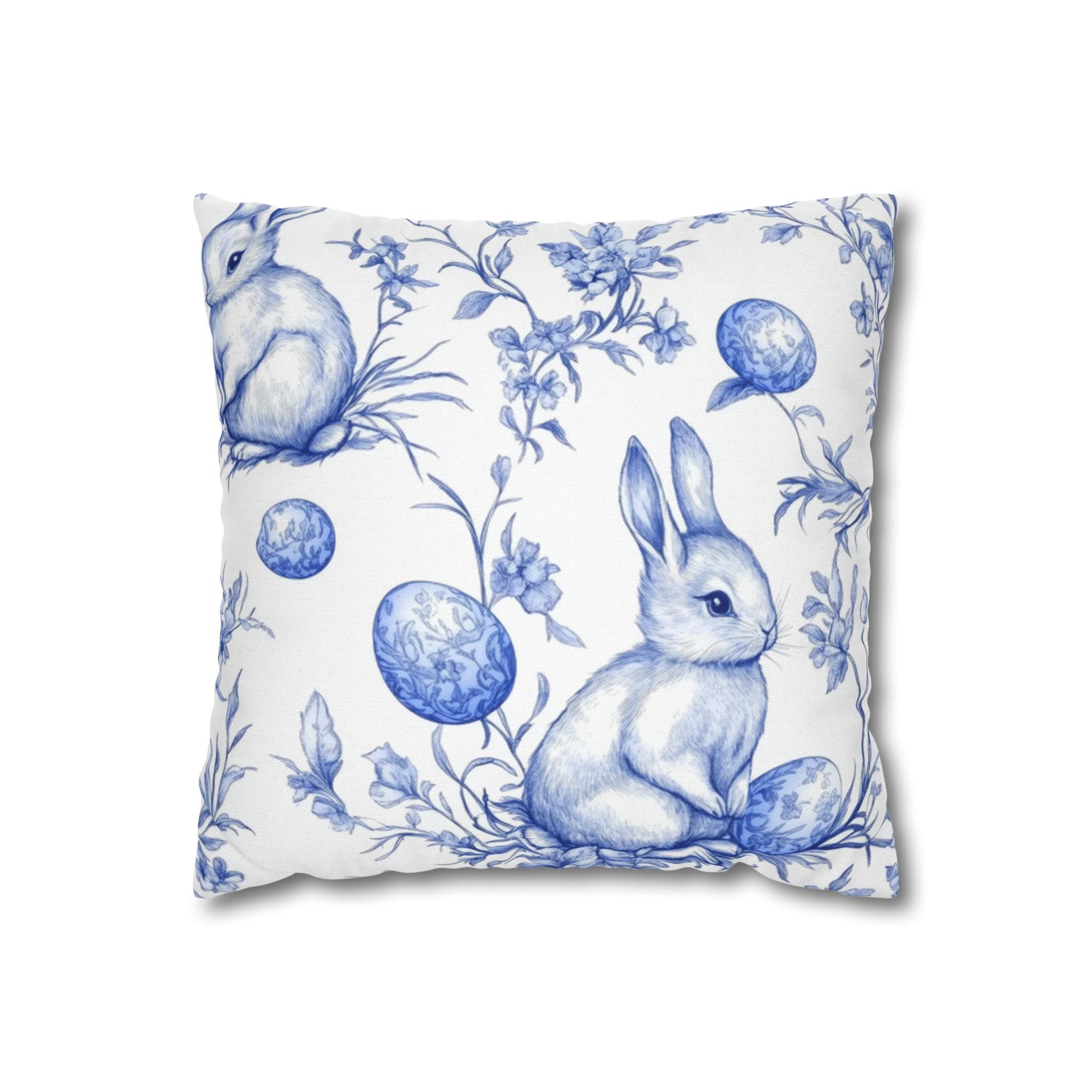 Bunny Bouquet Pillowcase, Square Pillowcase,Floral Rabbits on Blue, Patrick's day, Living Room,Home Decor,bedroom, housewarming,cottage core